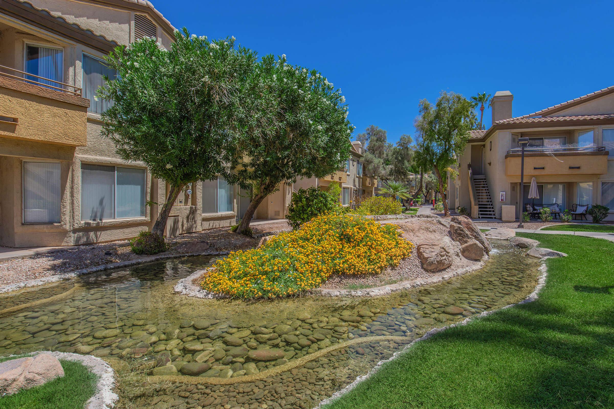 A peaceful landscaped courtyard featuring a small pond with clear water surrounded by smooth stones. Vibrant yellow flowers bloom on a small island, while lush green grass and trees provide a tranquil atmosphere. Nearby buildings create a warm residential setting under a clear blue sky.
