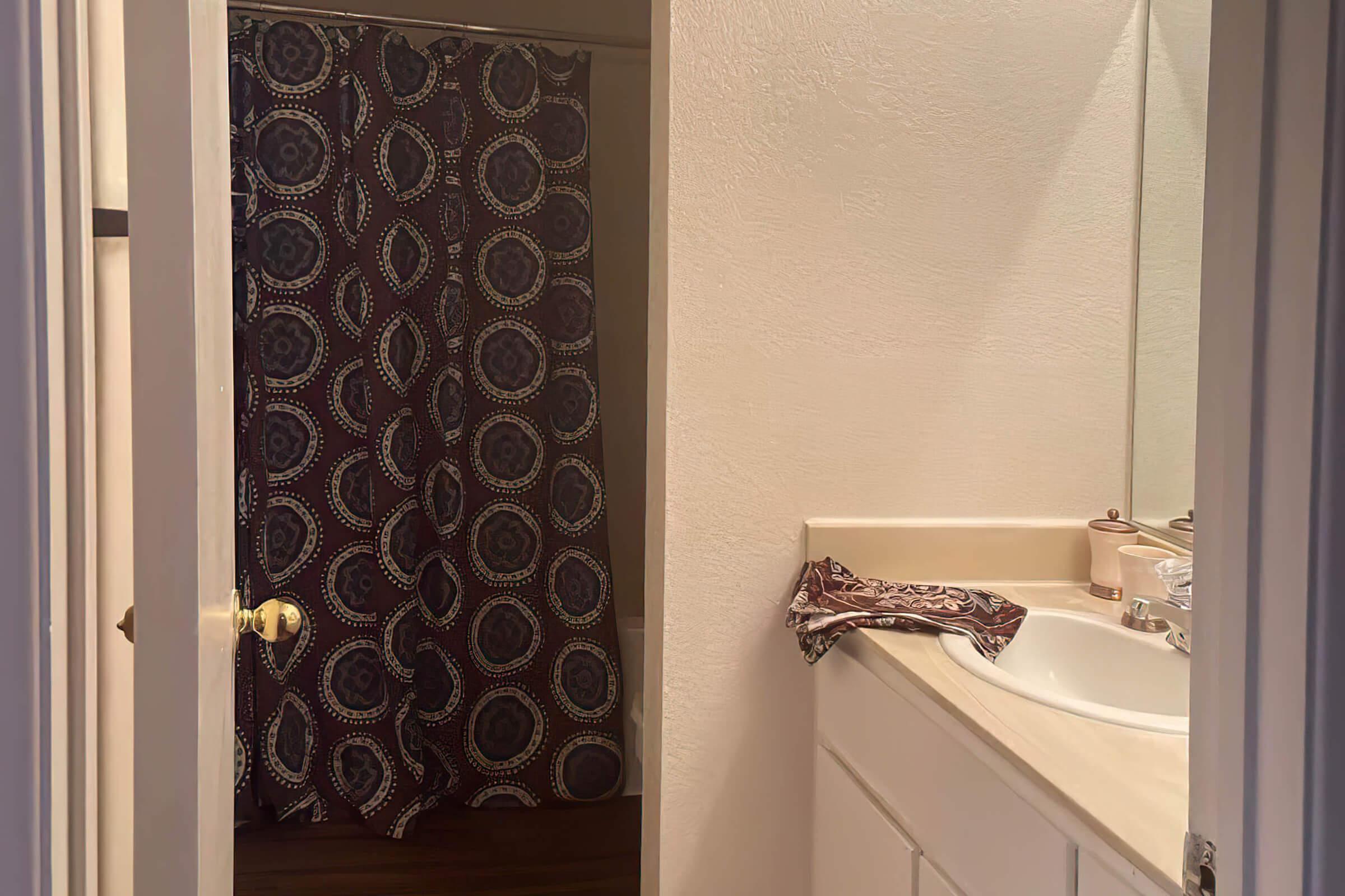 a shower curtain next to a door