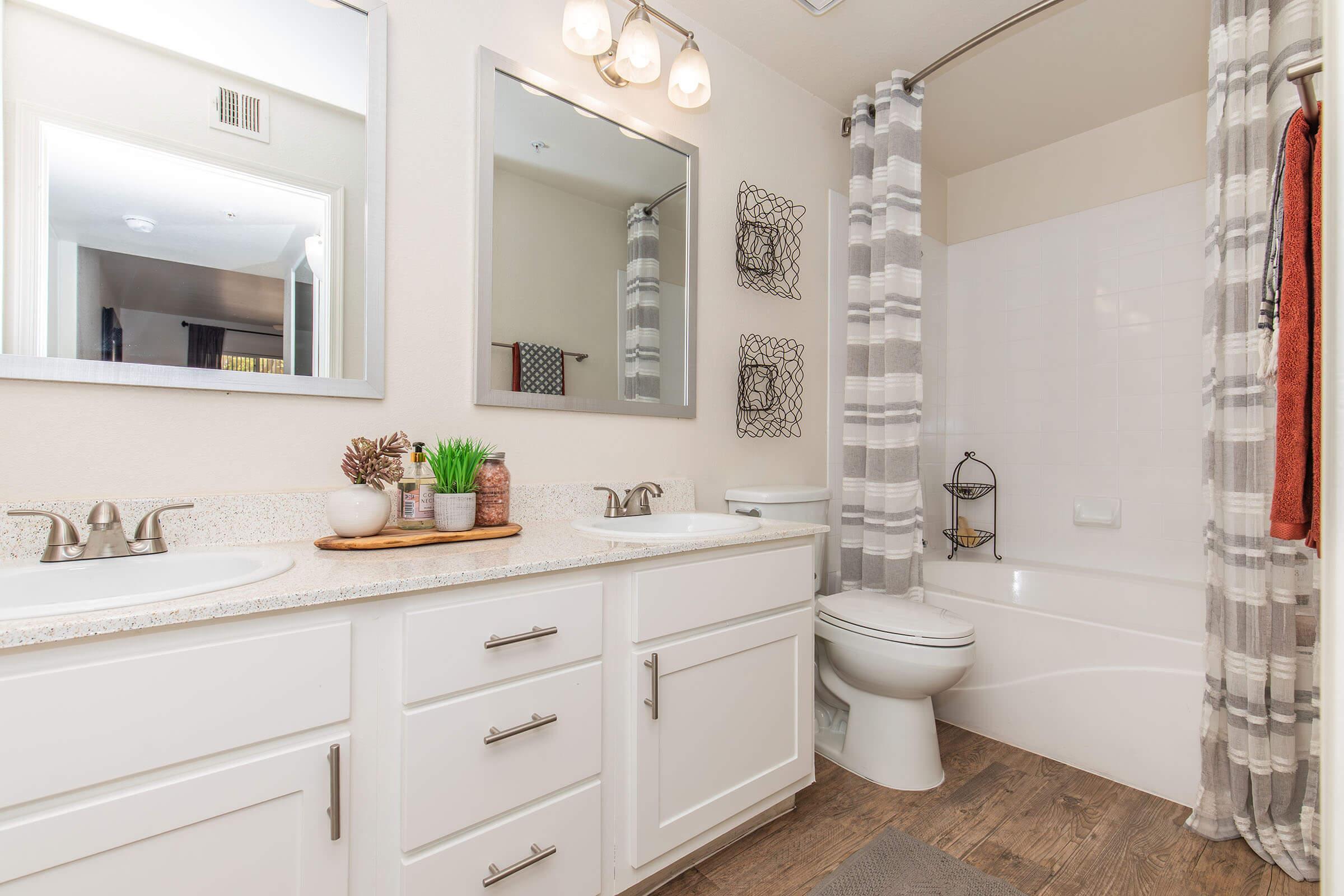 A modern bathroom featuring a double sink vanity with a granite countertop, two mirrors, and decorative wall accents. A bathtub with a shower curtain is visible, along with a toilet and a small shelf displaying plants and toiletries. The floor is made of wood-like tiles, creating a stylish and inviting space.