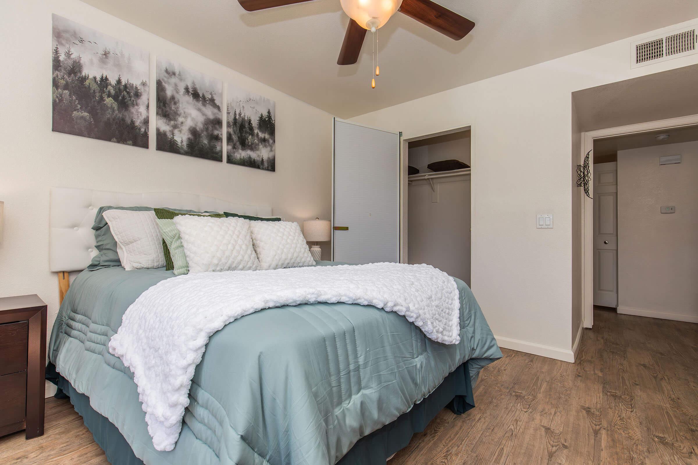 A cozy bedroom featuring a comfortable bed with a light blue quilt and decorative pillows. A fluffy white throw is draped over the bed. There are two bedside lamps, a ceiling fan overhead, and a closet with an open door. A wall art piece depicting a misty landscape is hung above the bed, adding a serene touch to the decor.