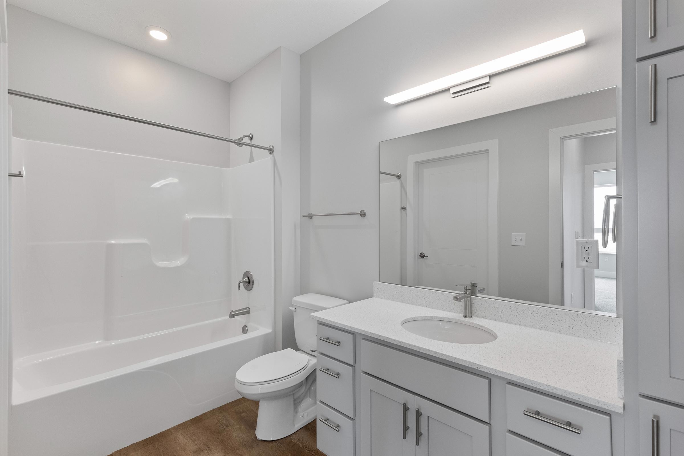 A modern bathroom featuring a white bathtub with a shower, a white vanity with a sink, and a large mirror. The walls are light gray, and there is a white toilet. Bright overhead lighting and wooden flooring complete the contemporary look.