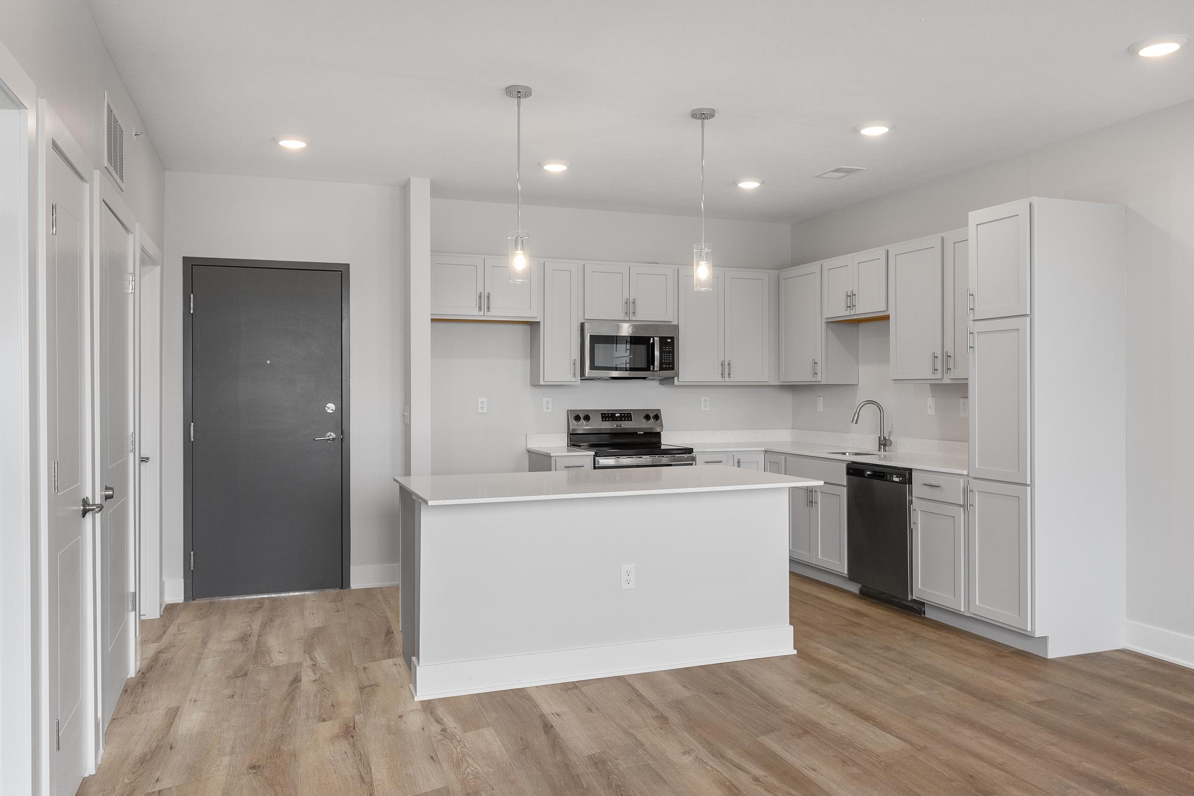 Modern kitchen with gray cabinetry, stainless steel appliances, and a large island. It features an open layout with wood-style flooring, recessed lighting, and a combination of built-in and under-counter lighting. The adjacent door leads to an entryway, enhancing the spacious feel.