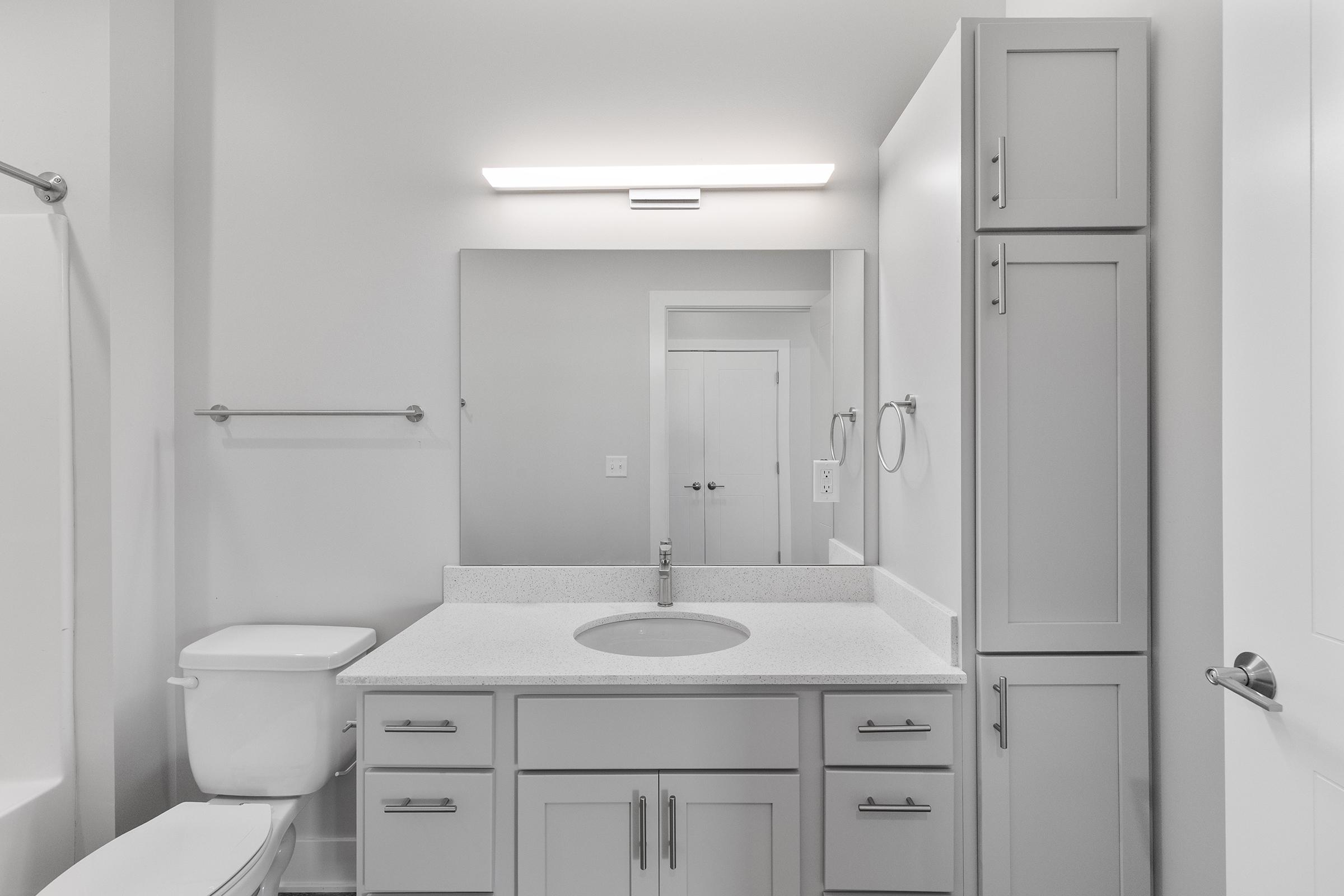 Modern bathroom featuring a white vanity with a sink, gray cabinetry, a large mirror, a toilet, and a bathtub. The space is well-lit with overhead lighting and has a minimalist design, showcasing neutral colors and clean lines.