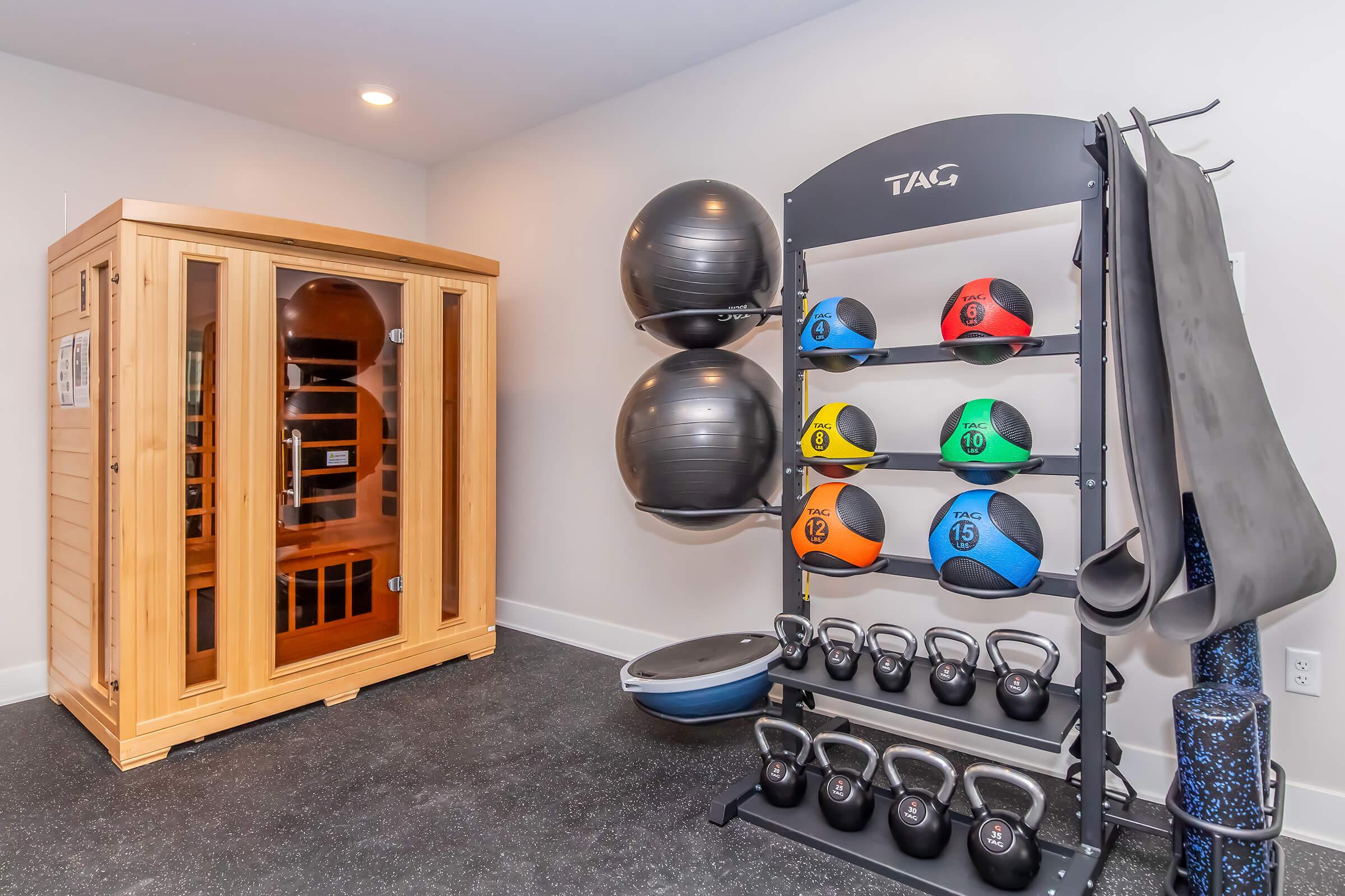 A home gym featuring a wooden sauna on the left and a rack with various medicine balls in multiple weights on the right. In front, there are kettlebells and a balance board on the floor, all set against a clean, modern wall with carpet flooring.