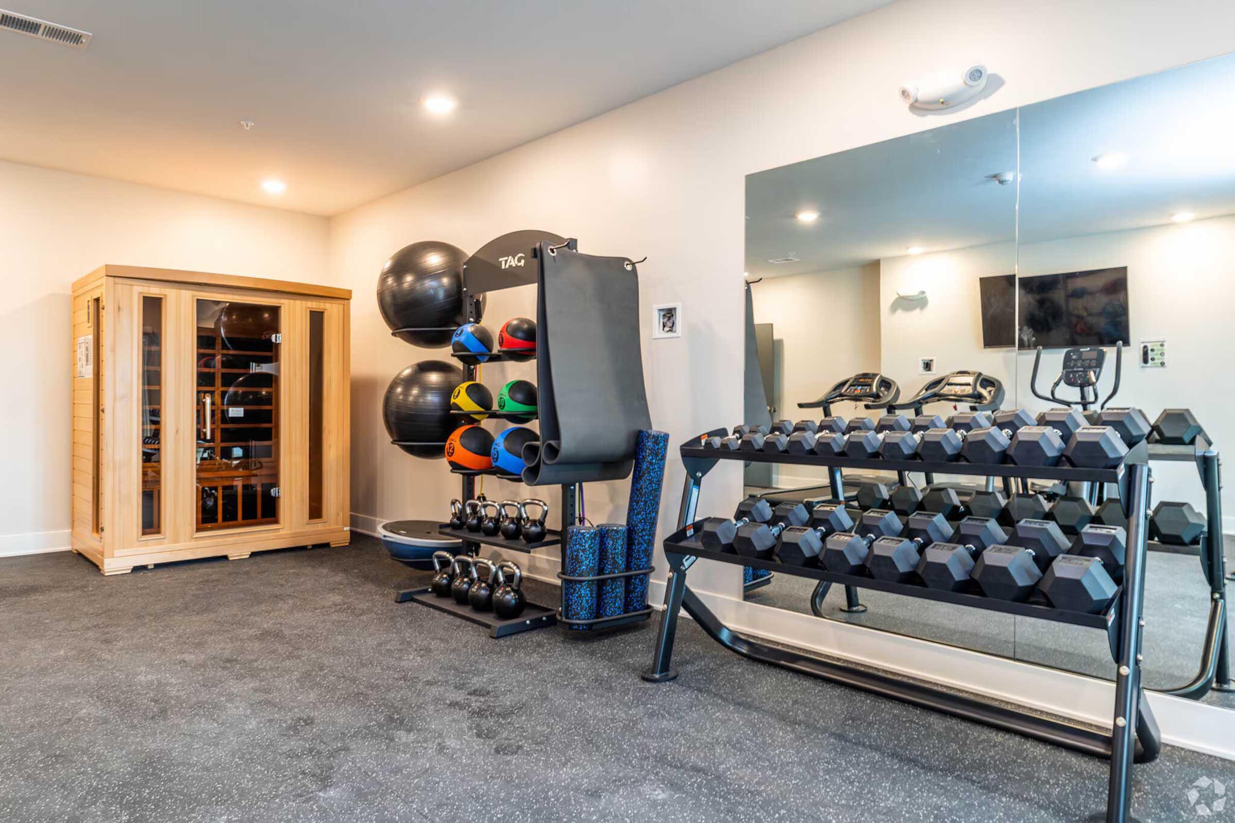 A modern fitness room featuring a sauna, exercise balls, and a variety of weights including dumbbells. A large mirror reflects the equipment, and there's a TV mounted on the wall. The flooring is dark and the space is well-lit, creating a welcoming environment for workouts.