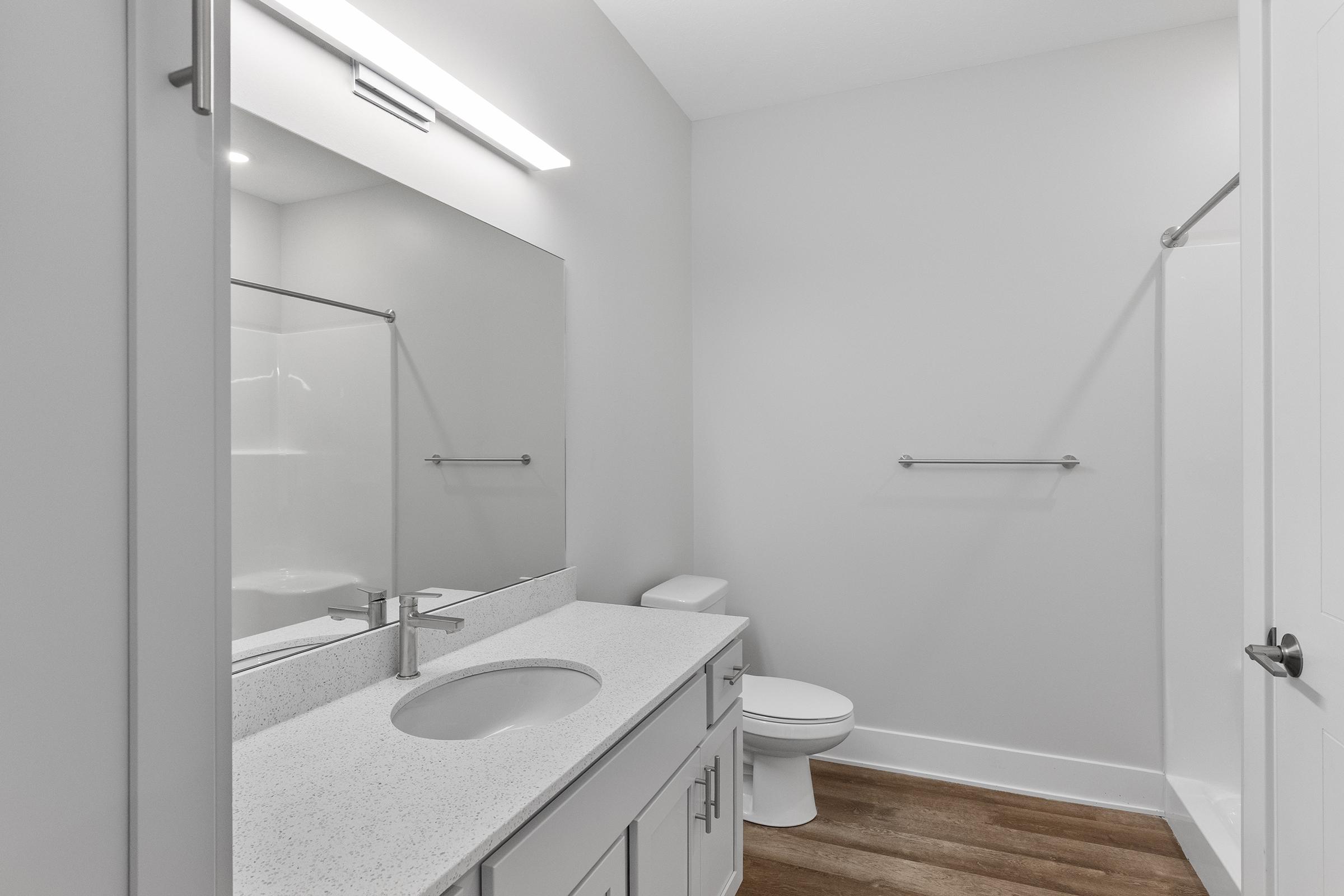 A modern bathroom featuring a large mirror, a sink with a sleek countertop, a toilet, and a walk-in shower. The walls and fixtures are in neutral tones, with wooden flooring adding warmth. Bright lighting illuminates the space, creating a clean and contemporary feel.