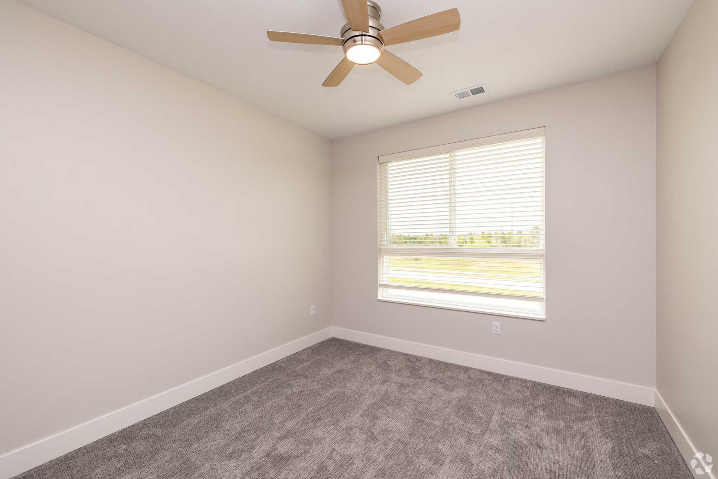A well-lit, empty room with light-colored walls and plush gray carpet. There is a window with horizontal blinds allowing natural light to enter, and a ceiling fan is installed. The overall space appears modern and inviting, suitable for various uses like a bedroom or office.