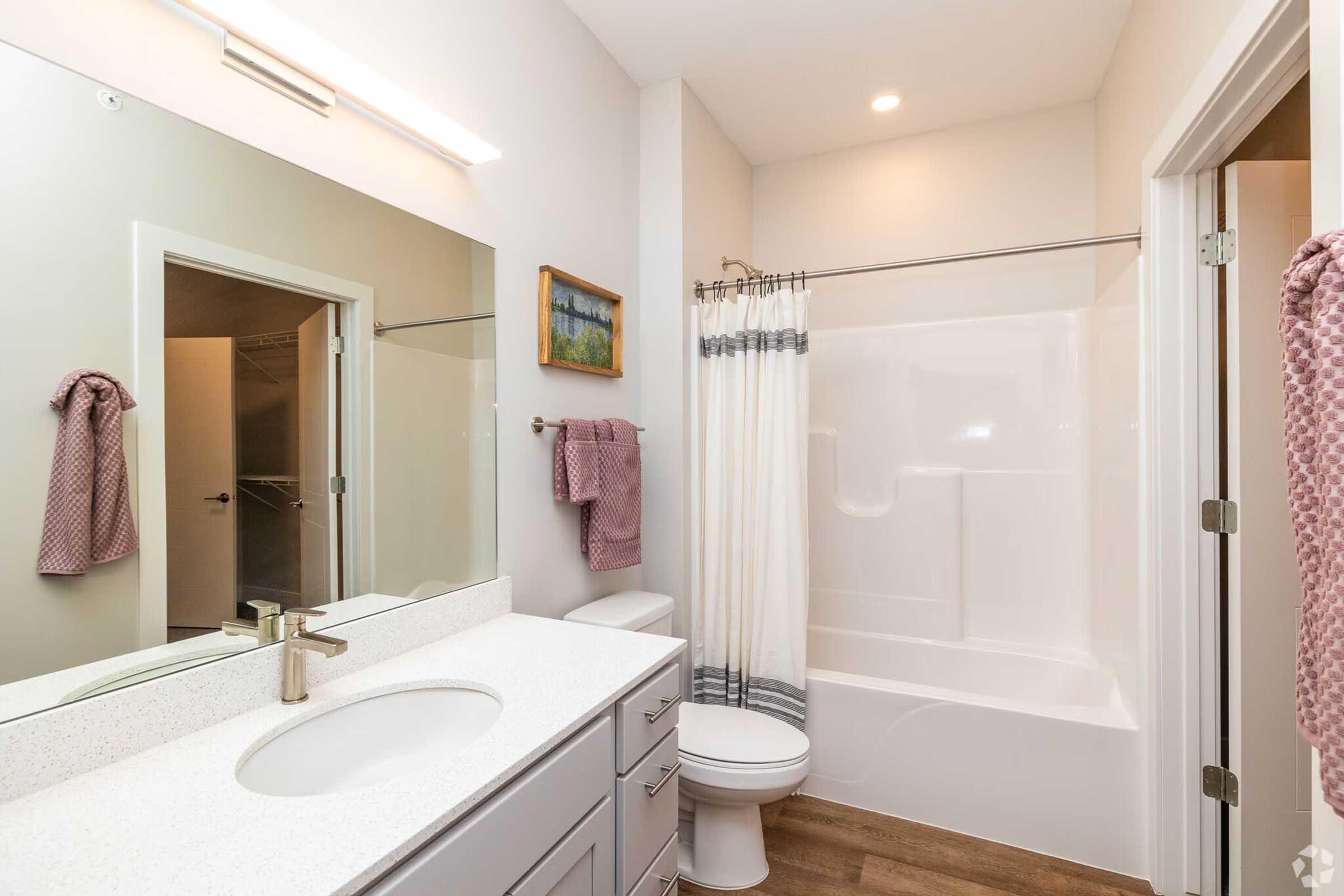A modern bathroom featuring a white bathtub with a shower, a sleek sink with a countertop, and a large mirror above it. Soft lighting illuminates the space, and there are gray cabinets below the sink. A towel hangs on a rack, and a small framed painting is on the wall. The overall decor is clean and contemporary.