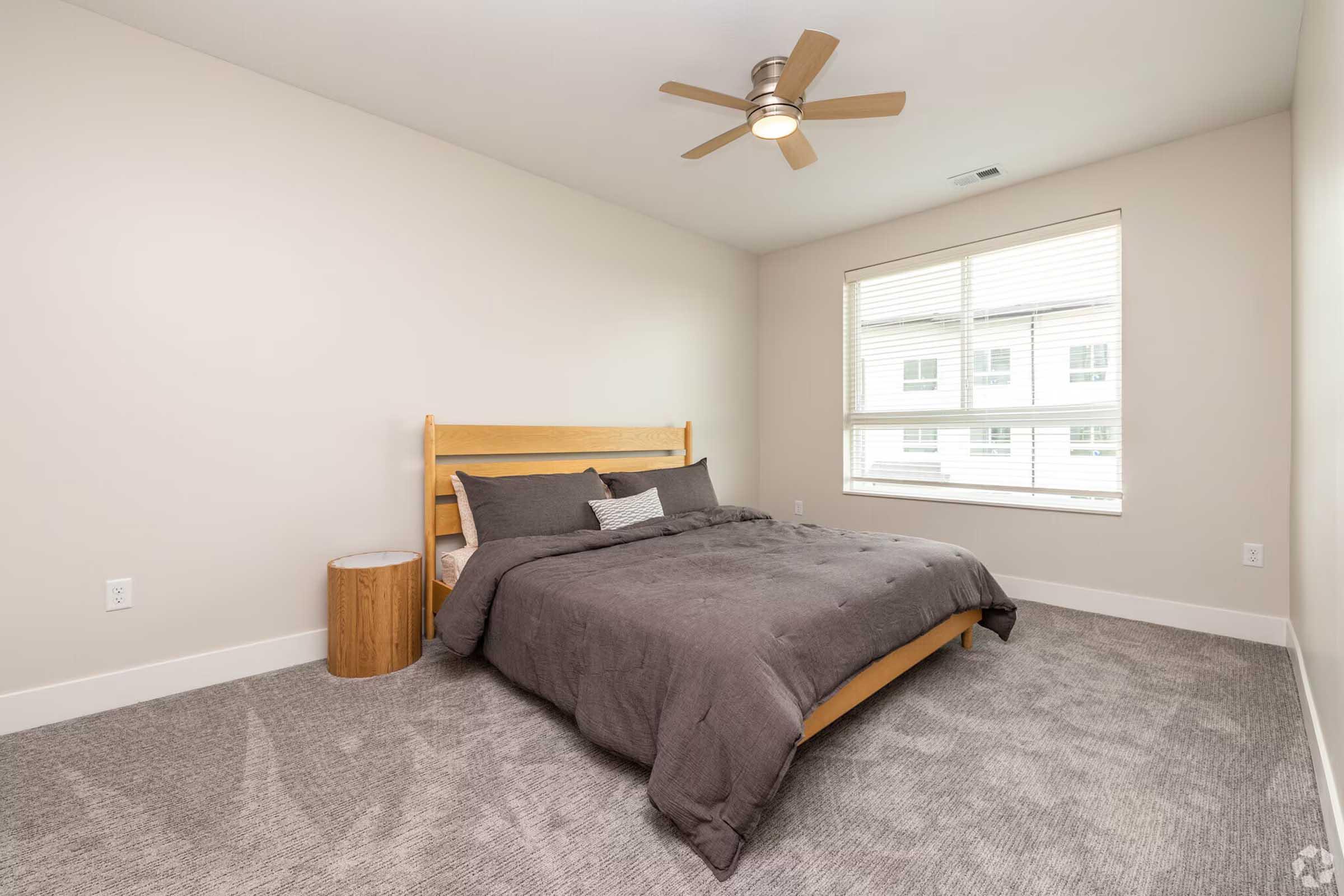 A cozy bedroom featuring a wooden bed frame with gray bedding, a small round side table, and a modern ceiling fan. The walls are painted in a light color and there are large windows with blinds, allowing natural light to illuminate the space. The carpeted floor adds to the room's comfort.