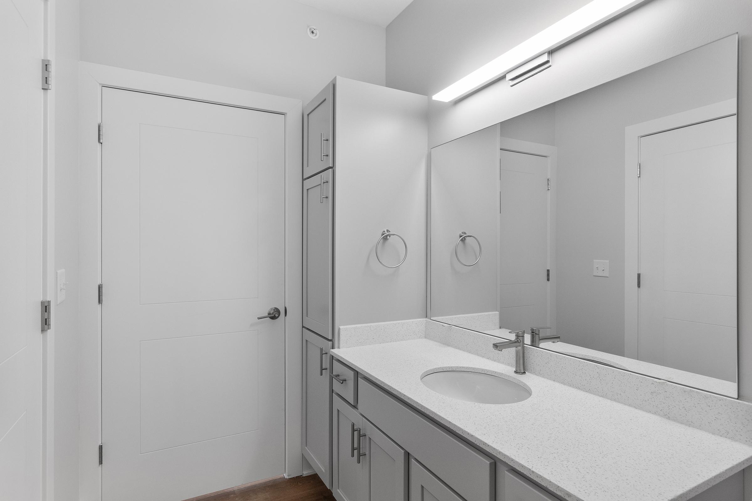 A modern bathroom featuring a light gray color scheme. The space includes a large mirror above a white countertop with a sleek faucet, and gray cabinetry underneath. A door is visible on the left, and there are two towel rings beside the sink. The overall design is clean and contemporary.