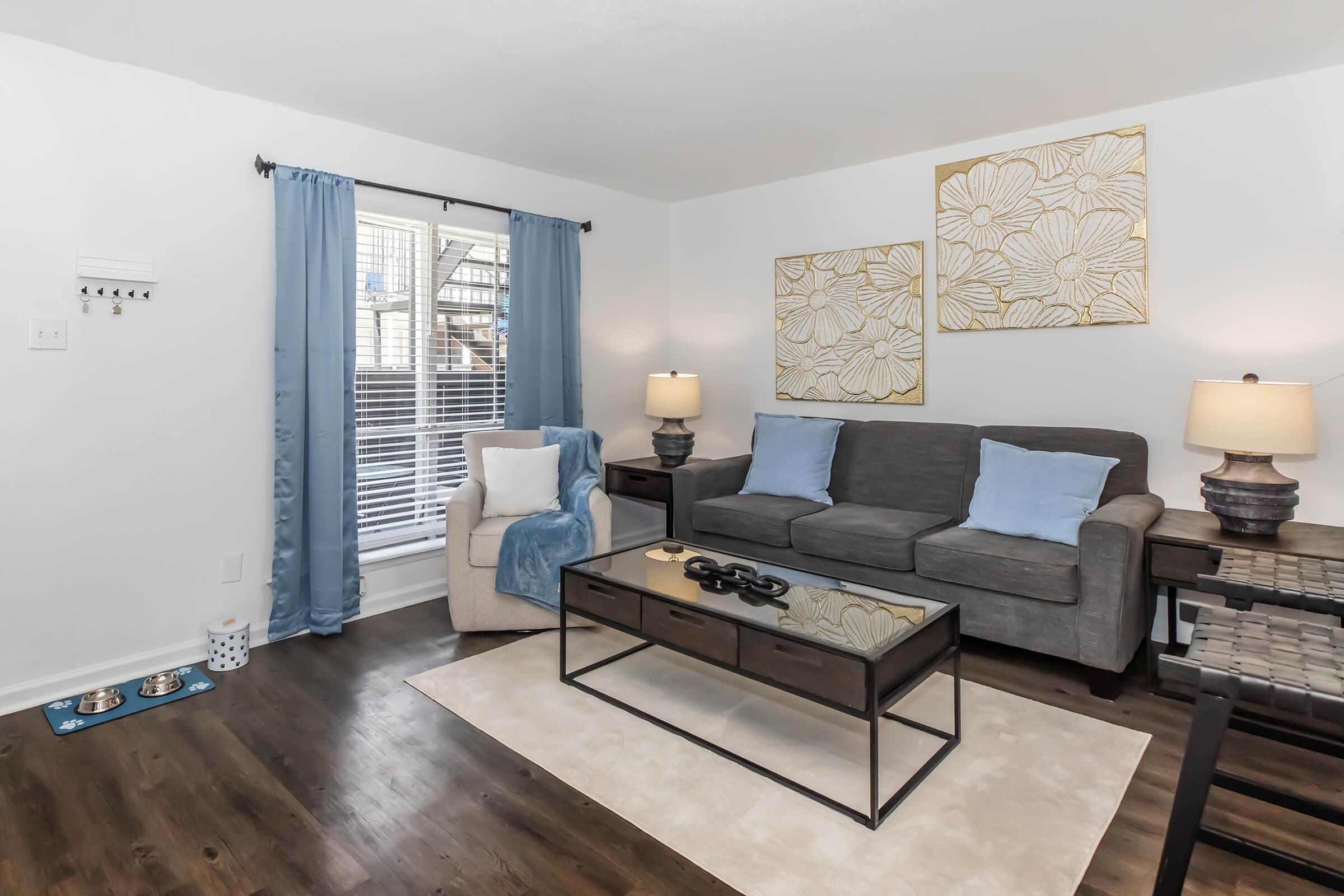 Cozy living room featuring a gray sofa with blue accent pillows, a glass coffee table, and two decorative lamps on wooden side tables. Natural light fills the space through a window with blue curtains. A cream-colored area rug sits on dark wood flooring, and a pet feeding station is visible in the corner.