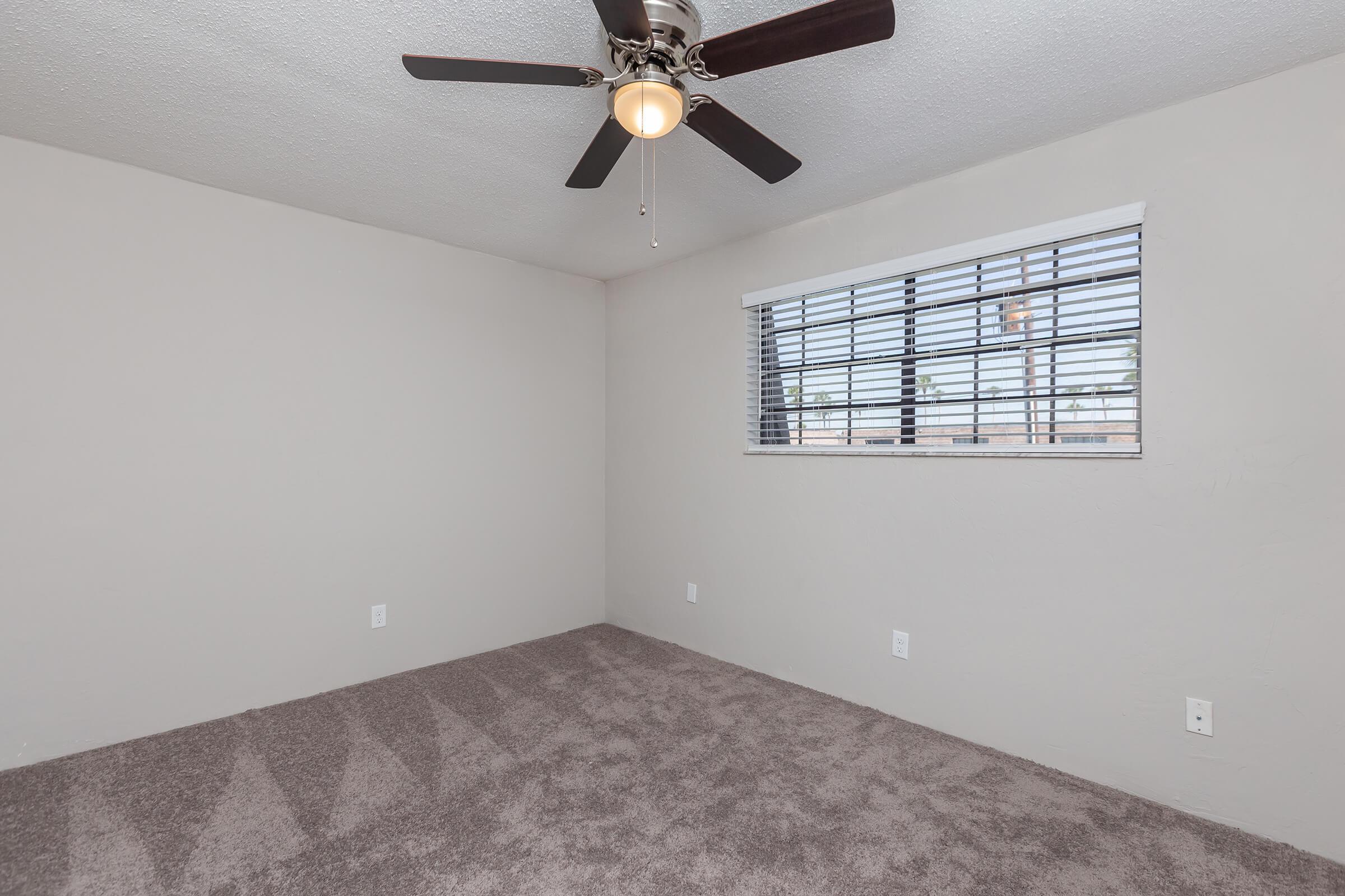 a bedroom with a ceiling fan