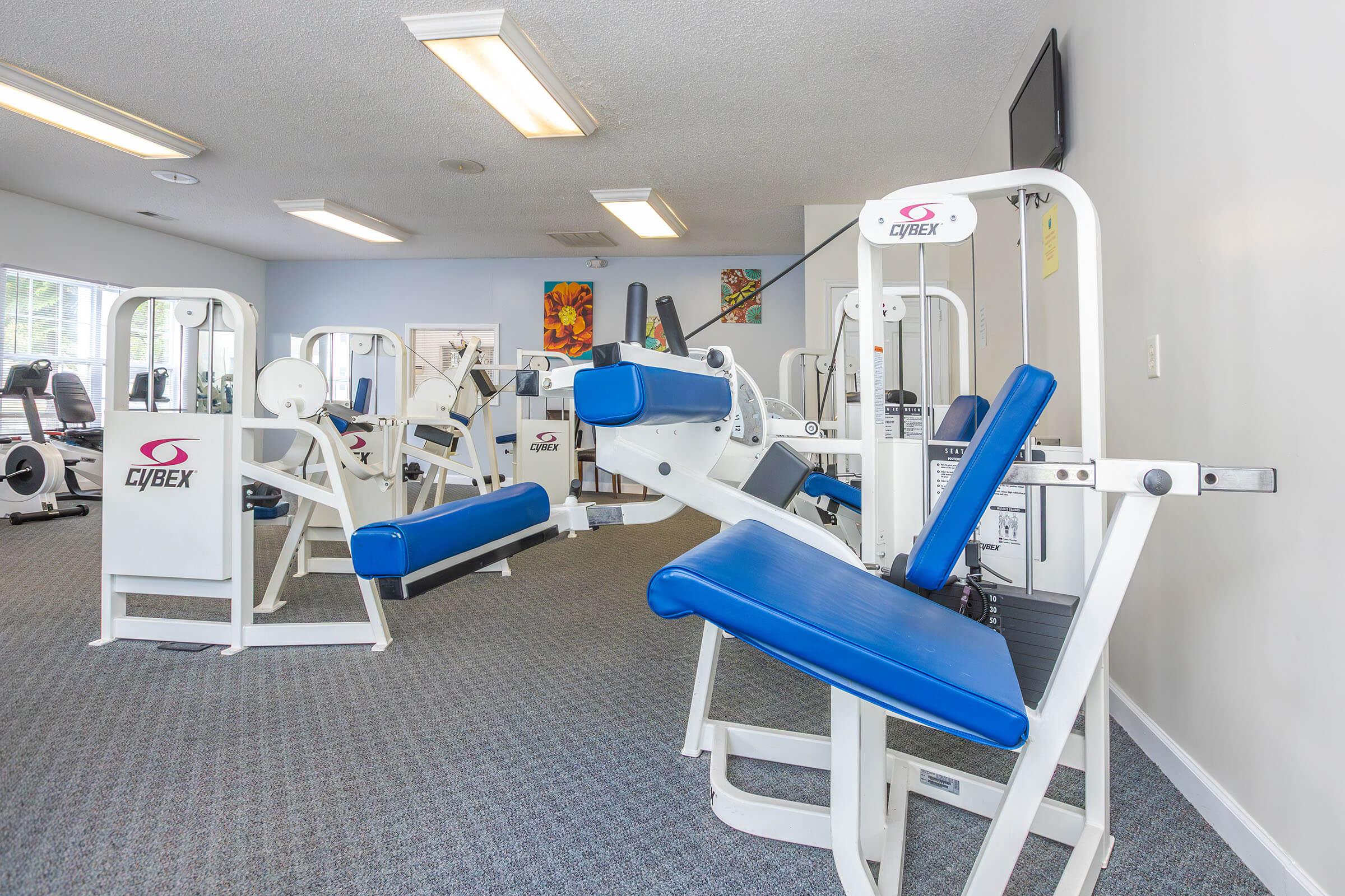 A well-equipped gym interior featuring various strength training machines. The machines have blue seats and are positioned in a spacious area with bright lighting, carpeted flooring, and large windows, creating an inviting workout environment.