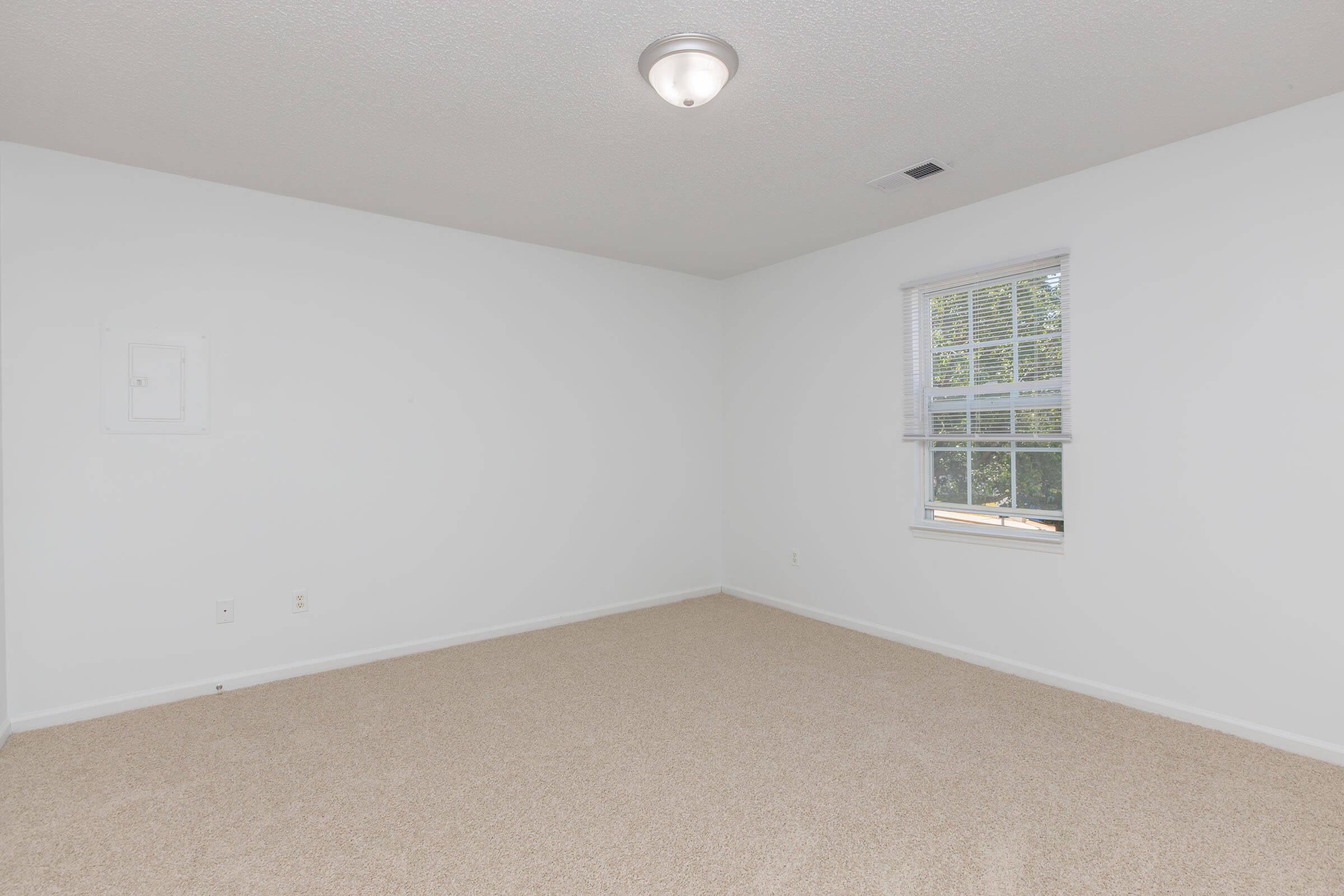 A vacant room with white walls and a tan carpet. It features a ceiling light fixture and a window with blinds, allowing natural light to enter. There is a small wall section near the left side without decoration or furniture, creating a spacious and simple environment.