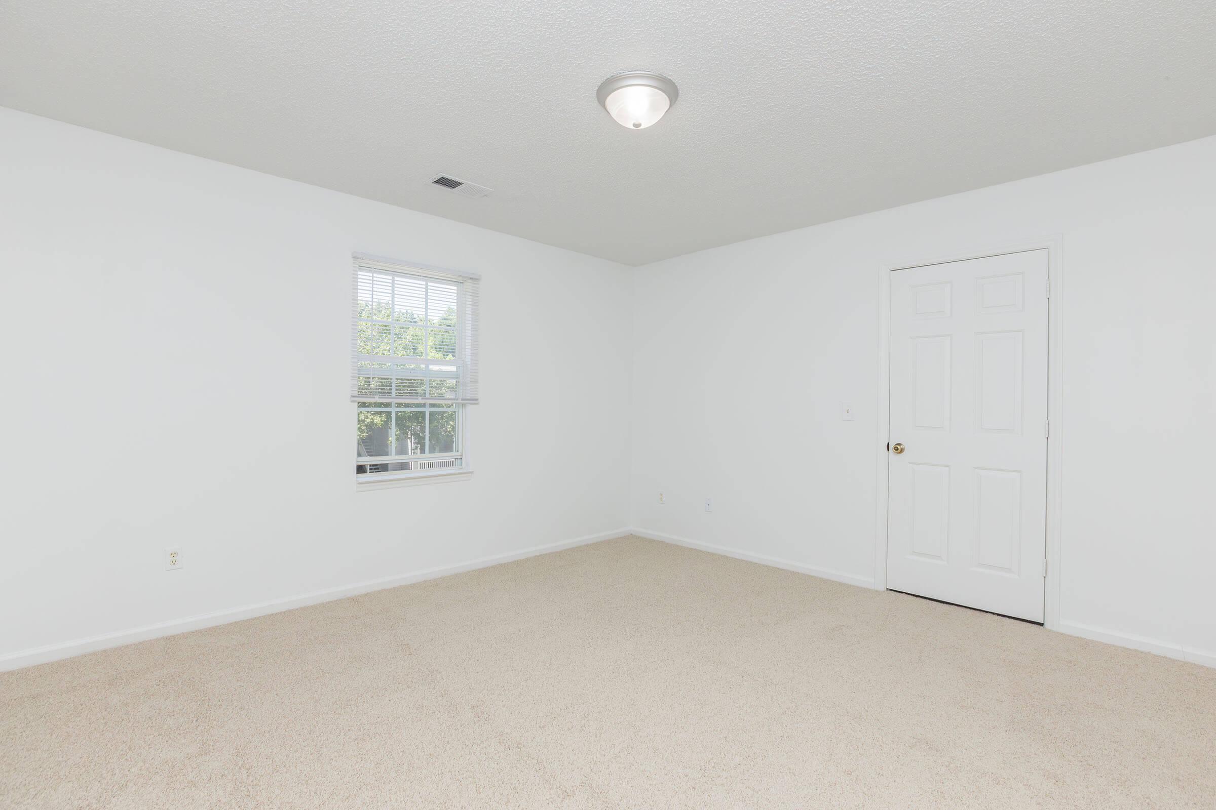 A spacious, empty room featuring beige carpet flooring, painted white walls, a ceiling light fixture, and a single window with blinds. The room includes a closed white door on one wall and a clean, uncluttered appearance, making it suitable for various uses or decoration.