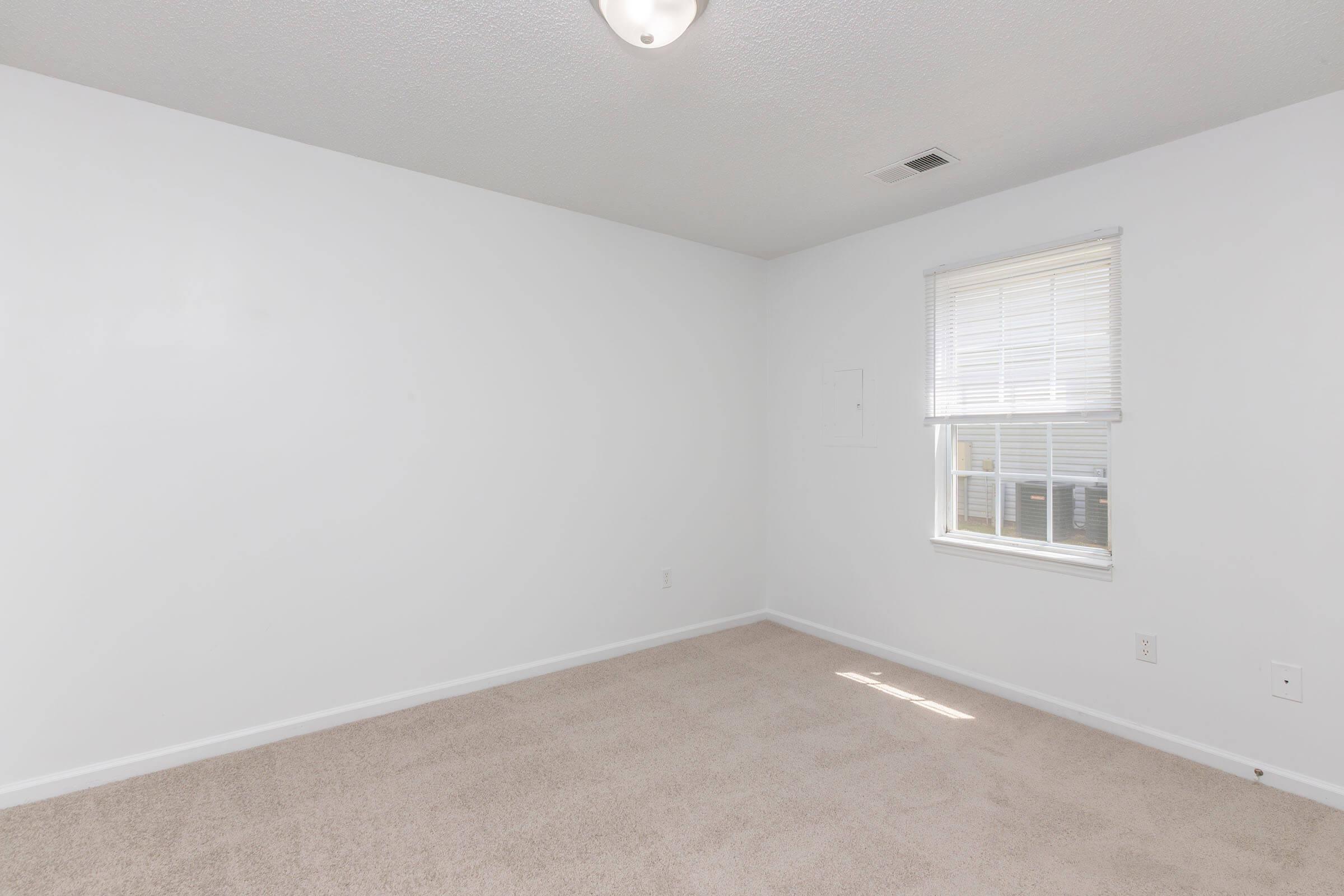Empty room with light beige carpet, white walls, and a single window allowing natural light to enter. The ceiling features a simple light fixture. The room appears clean and spacious, ready for furniture or decoration.