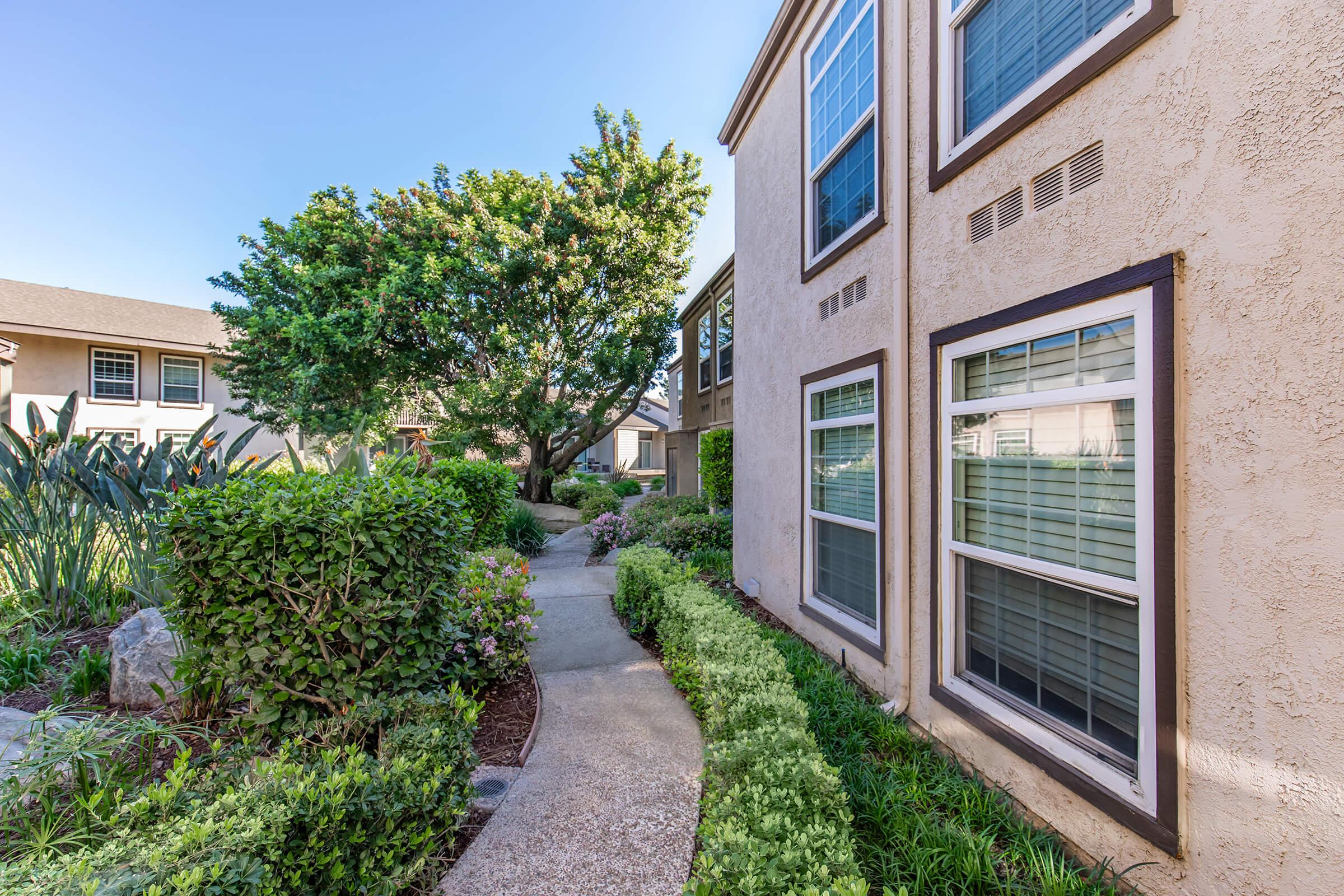 A well-maintained residential pathway lined with greenery, leading to a light-colored building with large windows. A tree and various plants enhance the inviting and serene atmosphere of the outdoor space. Bright blue sky overhead indicates a sunny day.