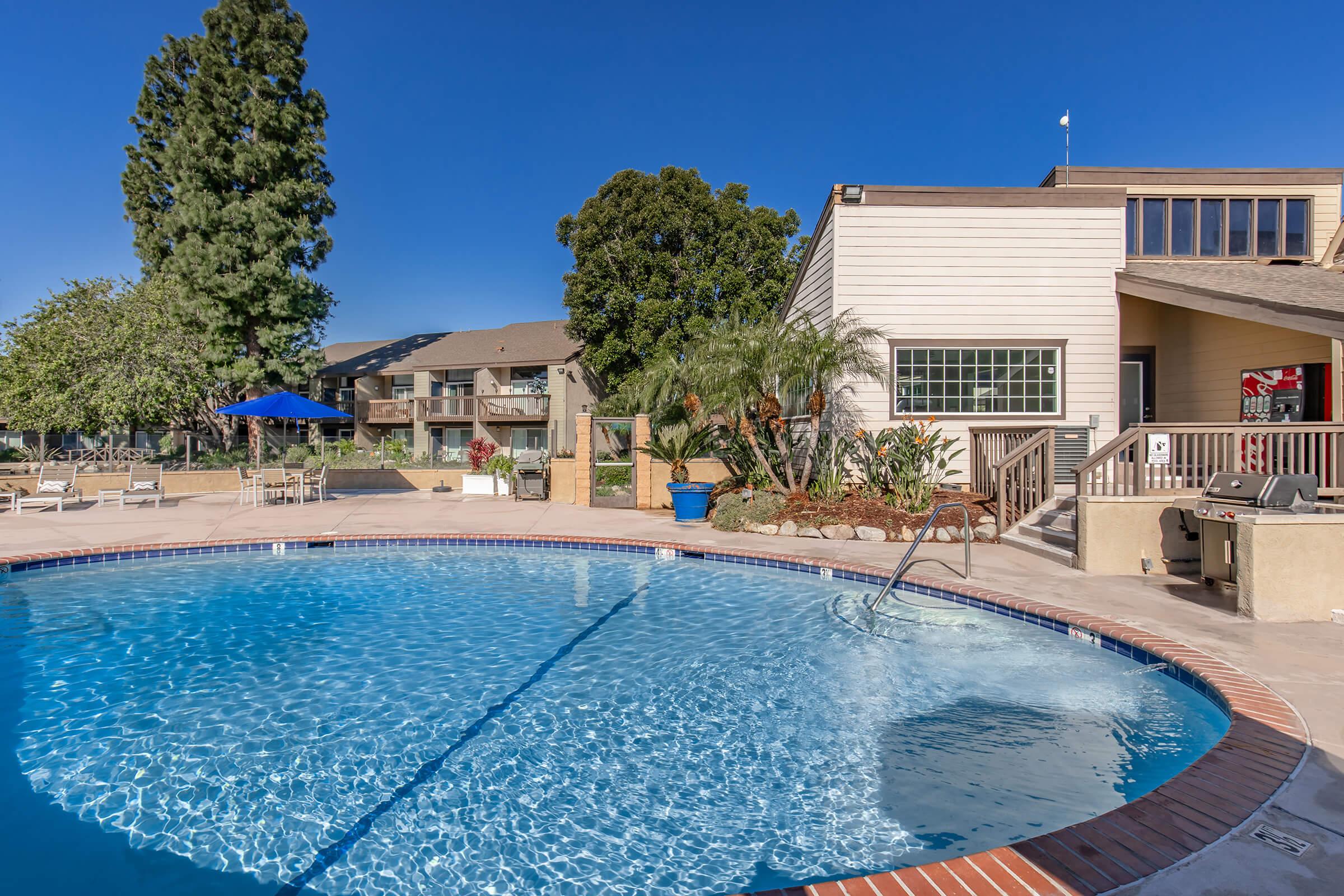 A clear blue swimming pool surrounded by lounge chairs and tropical plants, with a deck and a building in the background. There are shaded areas with umbrellas, and a bright blue sky overhead, creating a cheerful and inviting outdoor setting.