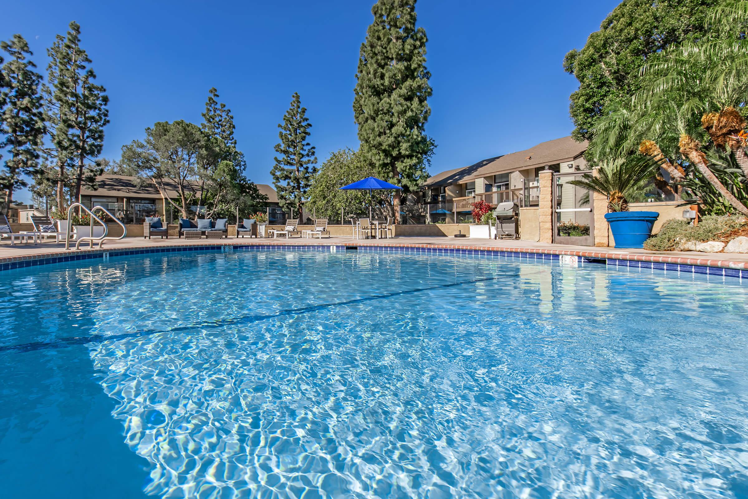 A clear swimming pool with sparkling water, surrounded by lounge chairs and umbrellas. Lush trees and shrubs are visible in the background, along with a building that has balconies. The sky is bright blue, indicating a sunny day.