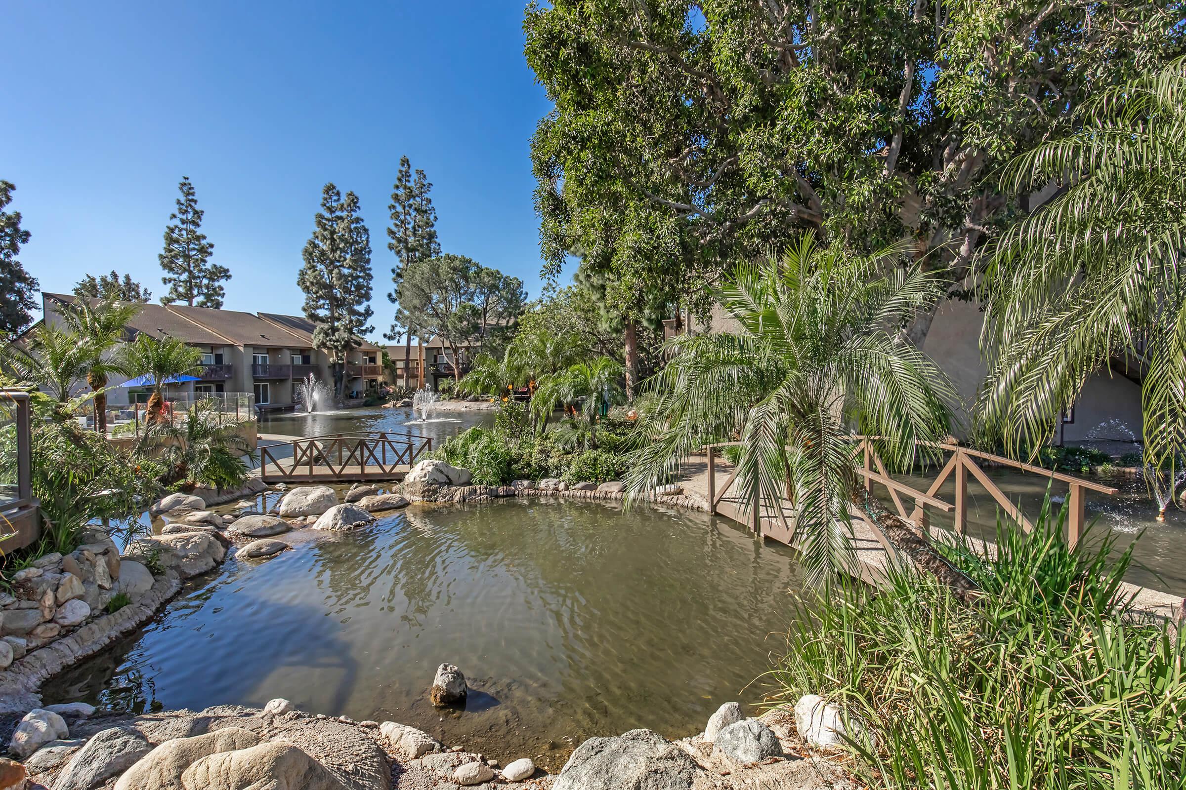 A serene landscape featuring a small pond surrounded by rocks and lush greenery. Several palm trees and other plants are visible, along with wooden walkways and bridges. In the background, there are multi-story buildings nestled among the trees, under a clear blue sky.