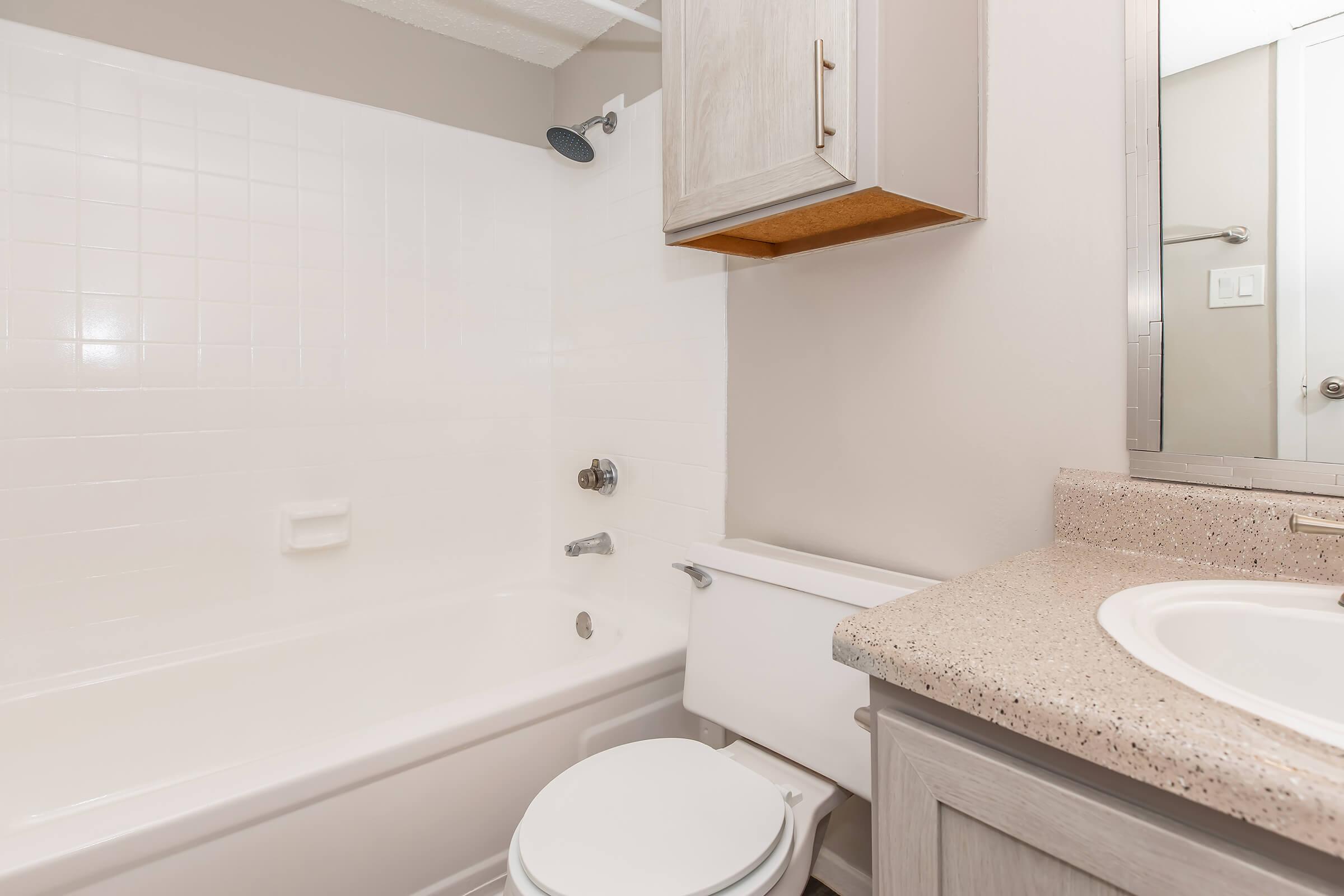 A clean and modern bathroom featuring a bathtub with a showerhead, a white toilet, and a vanity with a sink. The walls are painted light gray, and the countertop is speckled. There is a mirror above the sink, and the overall ambiance is bright and inviting.
