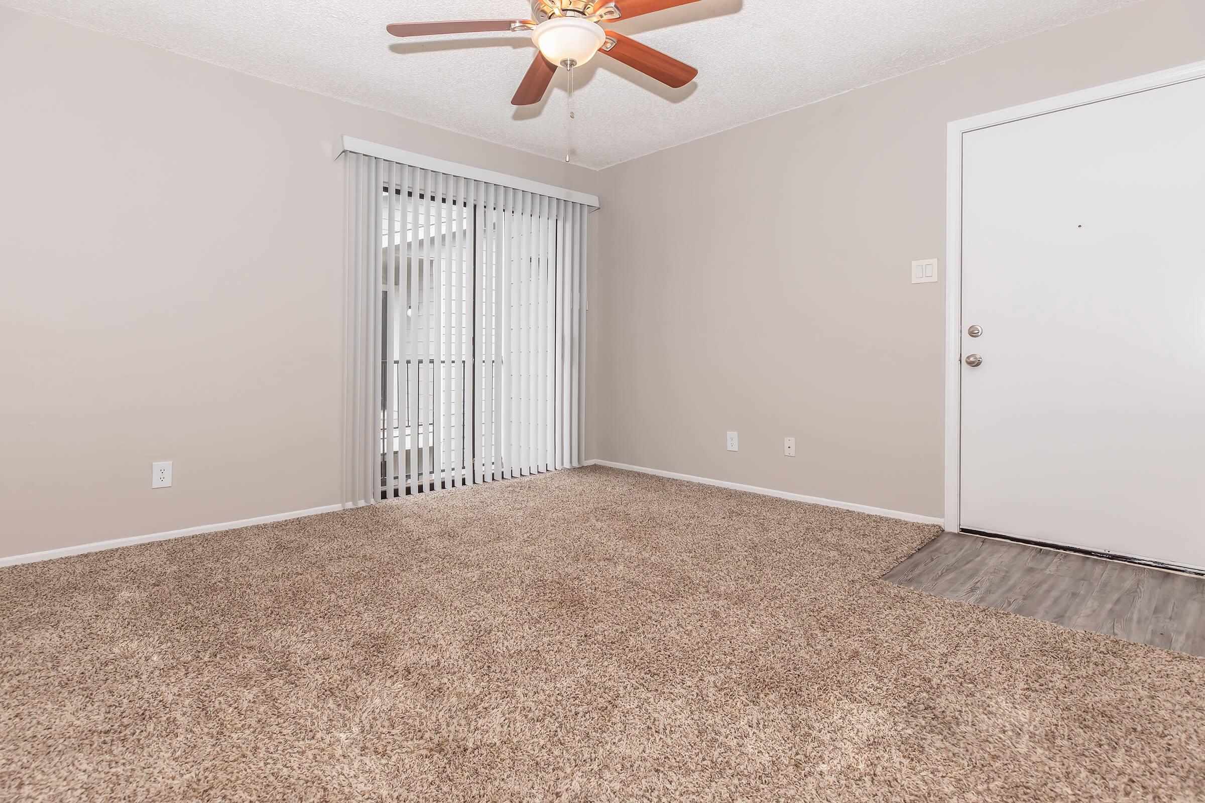 A spacious living room with light brown carpet, a ceiling fan with wooden blades, and a closed door leading outside. The walls are painted in a neutral shade, and there are vertical blinds covering a door-side window. The room is well-lit and tidy, showcasing a cozy atmosphere.