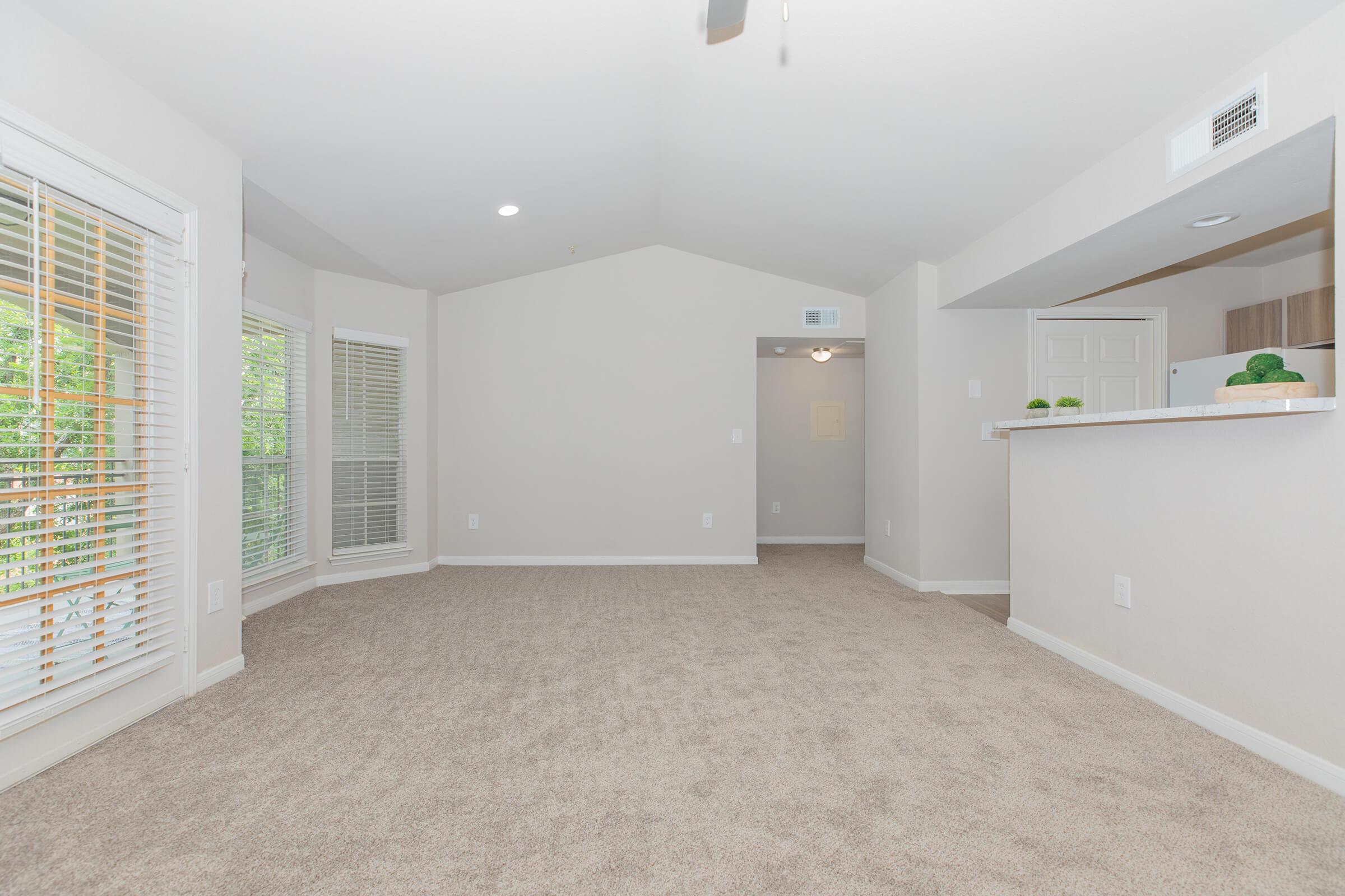 Spacious, light-filled living area with beige carpet and neutral wall color. Features large windows with blinds, a ceiling fan, and a kitchen bar area. Open layout leading to a hallway, creating a welcoming atmosphere suitable for various uses.