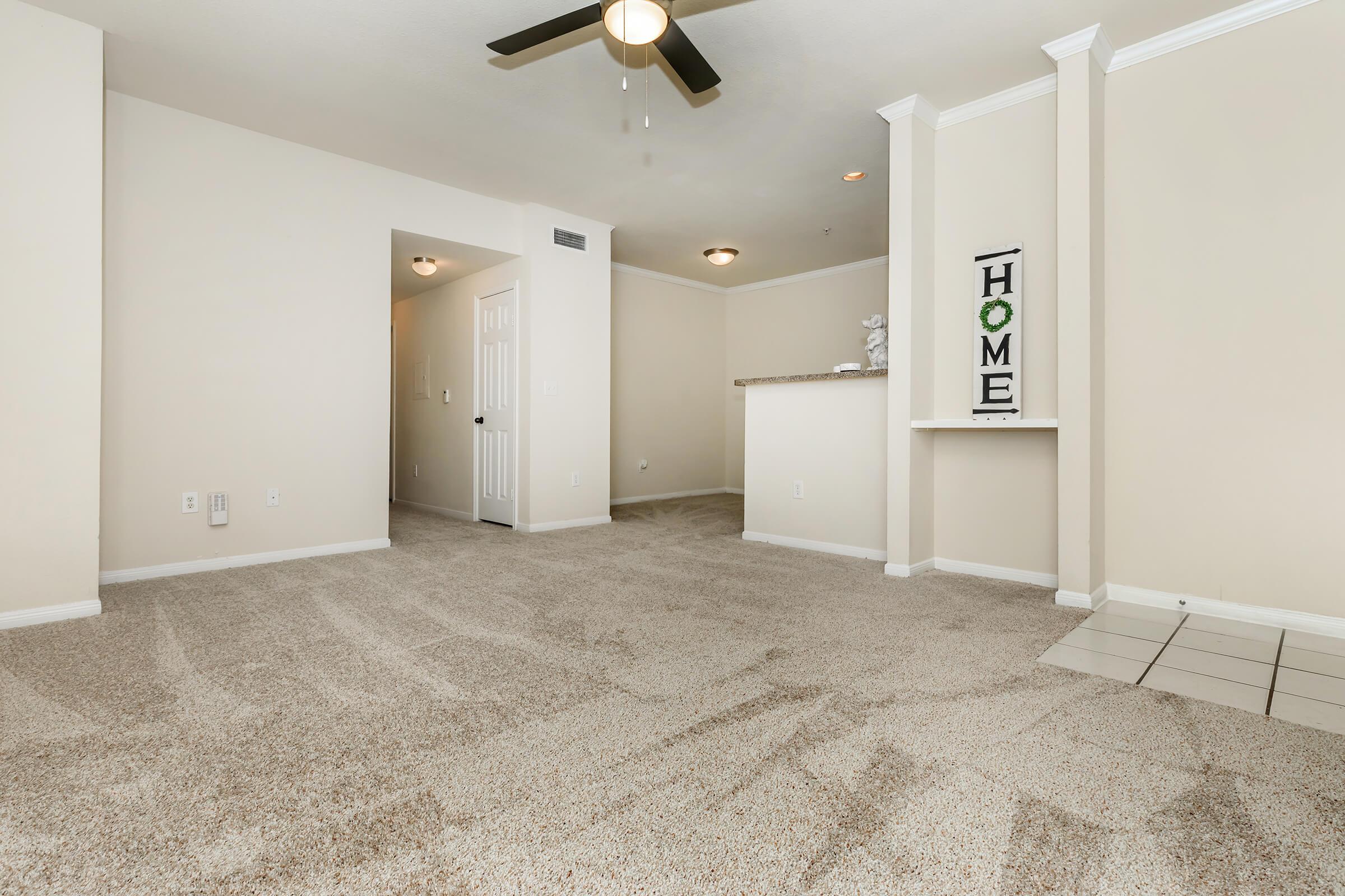 carpeted living room and dining room