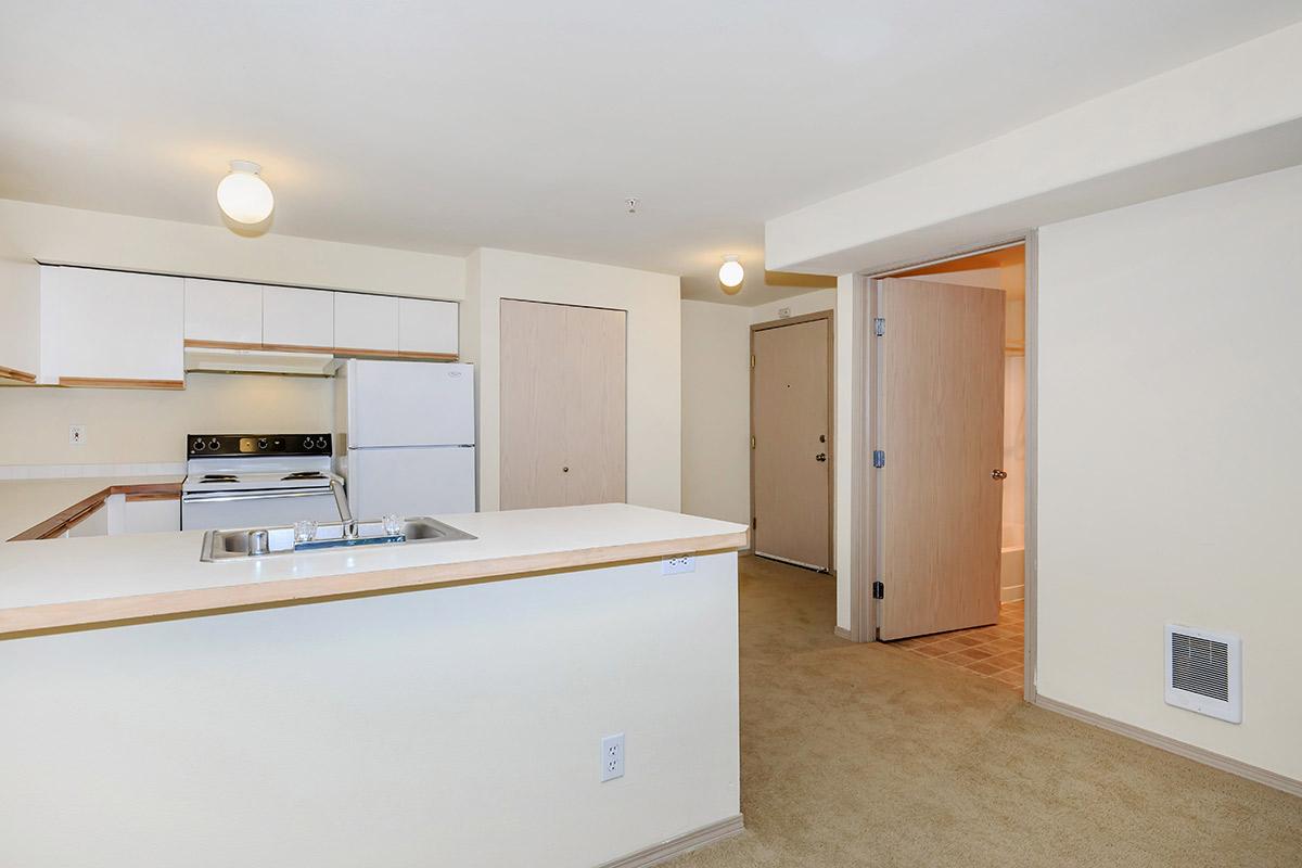 a kitchen with a sink and a mirror in a room