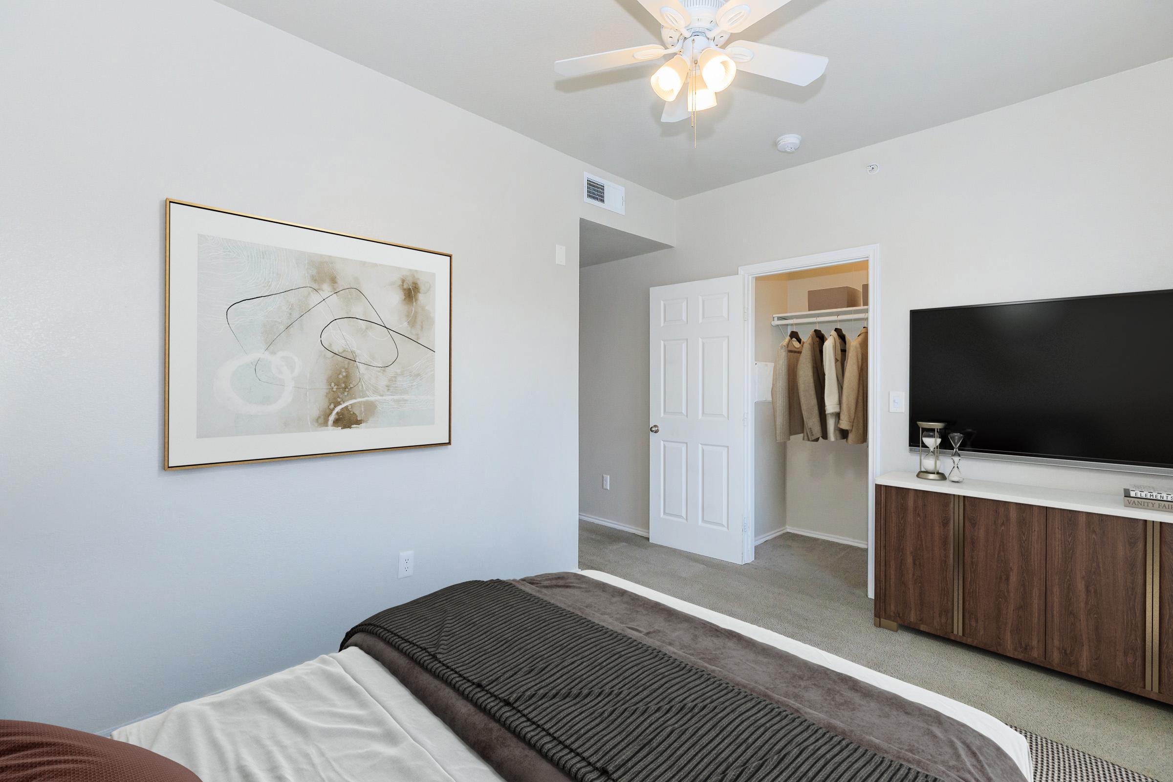 A well-lit bedroom featuring a neatly made bed with a dark throw blanket. There's a framed abstract artwork on the wall, a television on a wooden stand, and a closet with coats visible in the open door. The room has light-colored walls and a ceiling fan, creating a modern and cozy atmosphere.