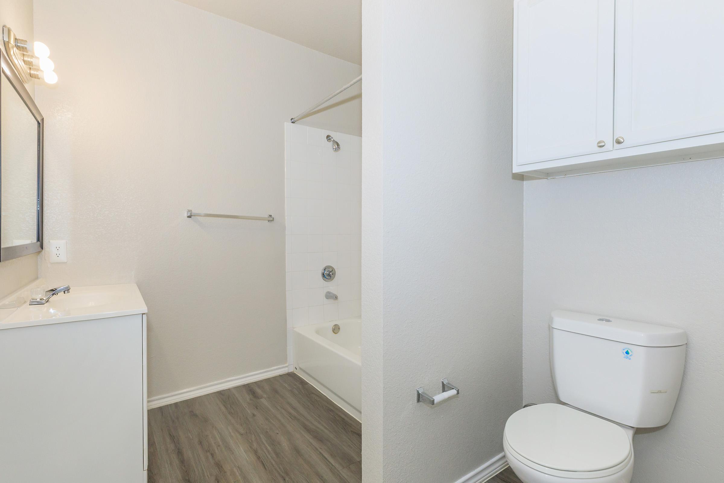 A modern bathroom featuring a white bathtub with a shower, a vanity with a mirror, and a toilet. The walls are light-colored, and the flooring is wood-like laminate. There are bright overhead lights and a cabinet for storage.