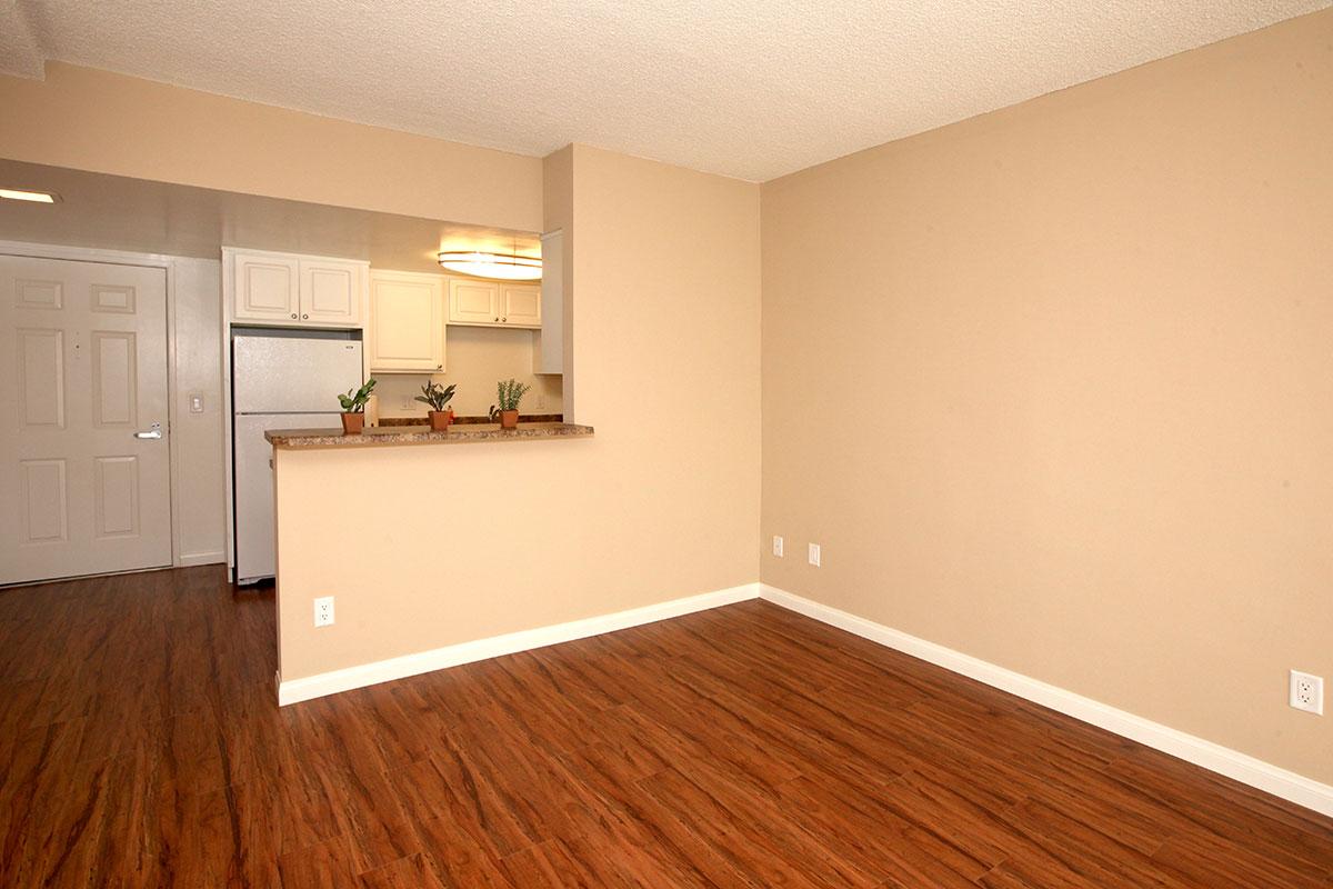 a kitchen with a wood floor