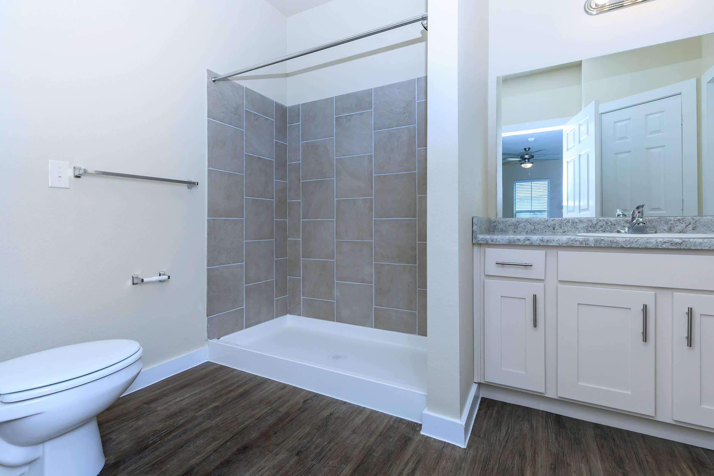 Apartments in Leander TX - Hills at Leander Expansive Bathroom with a Large Vanity, Shower, and Much More