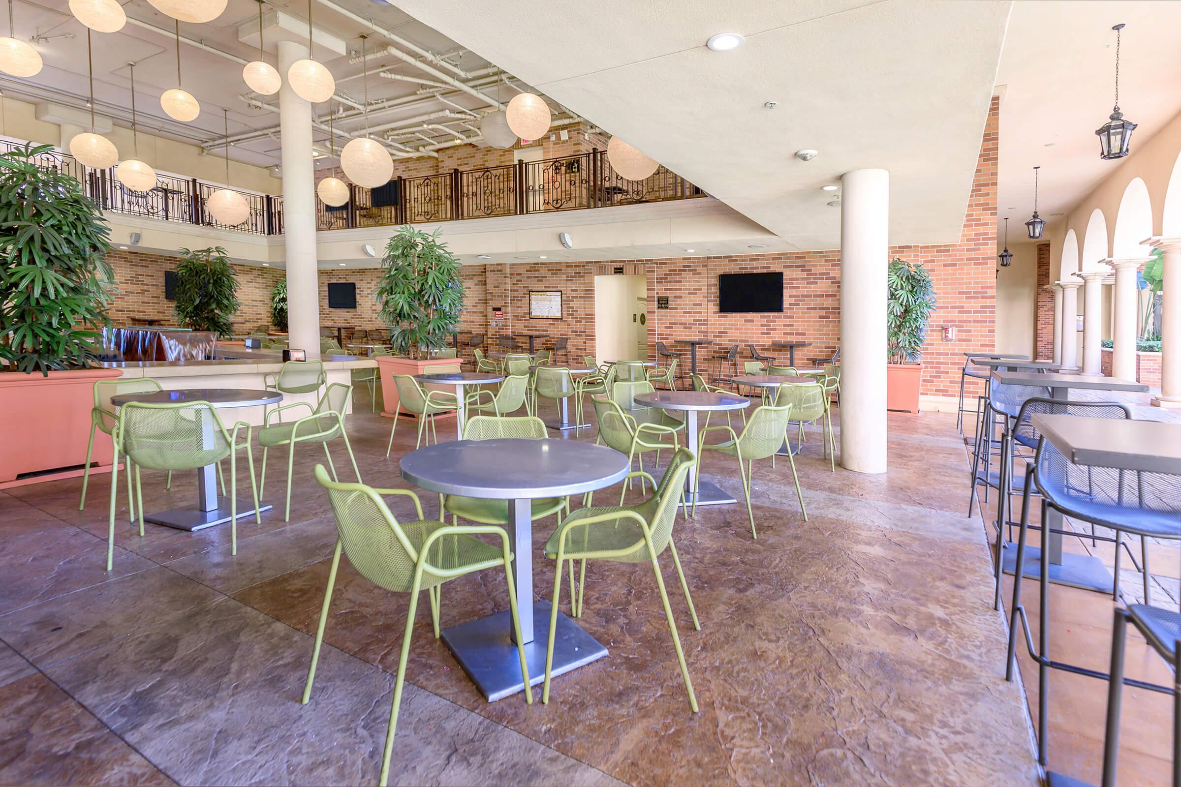 a dining room table in front of a building