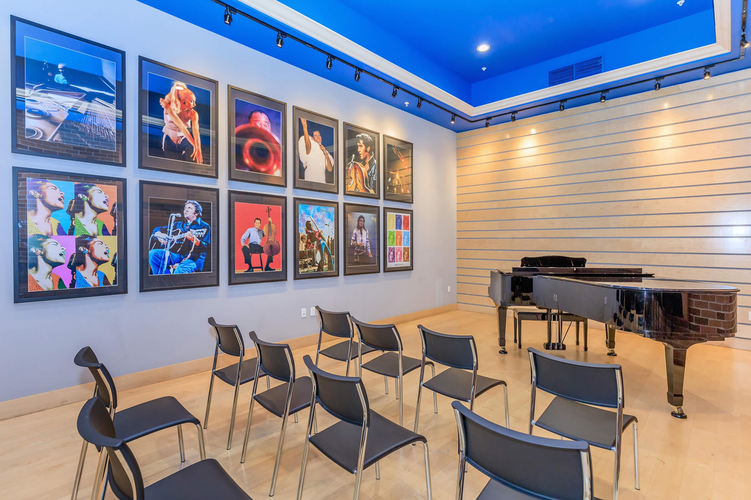 a room with a blue chair