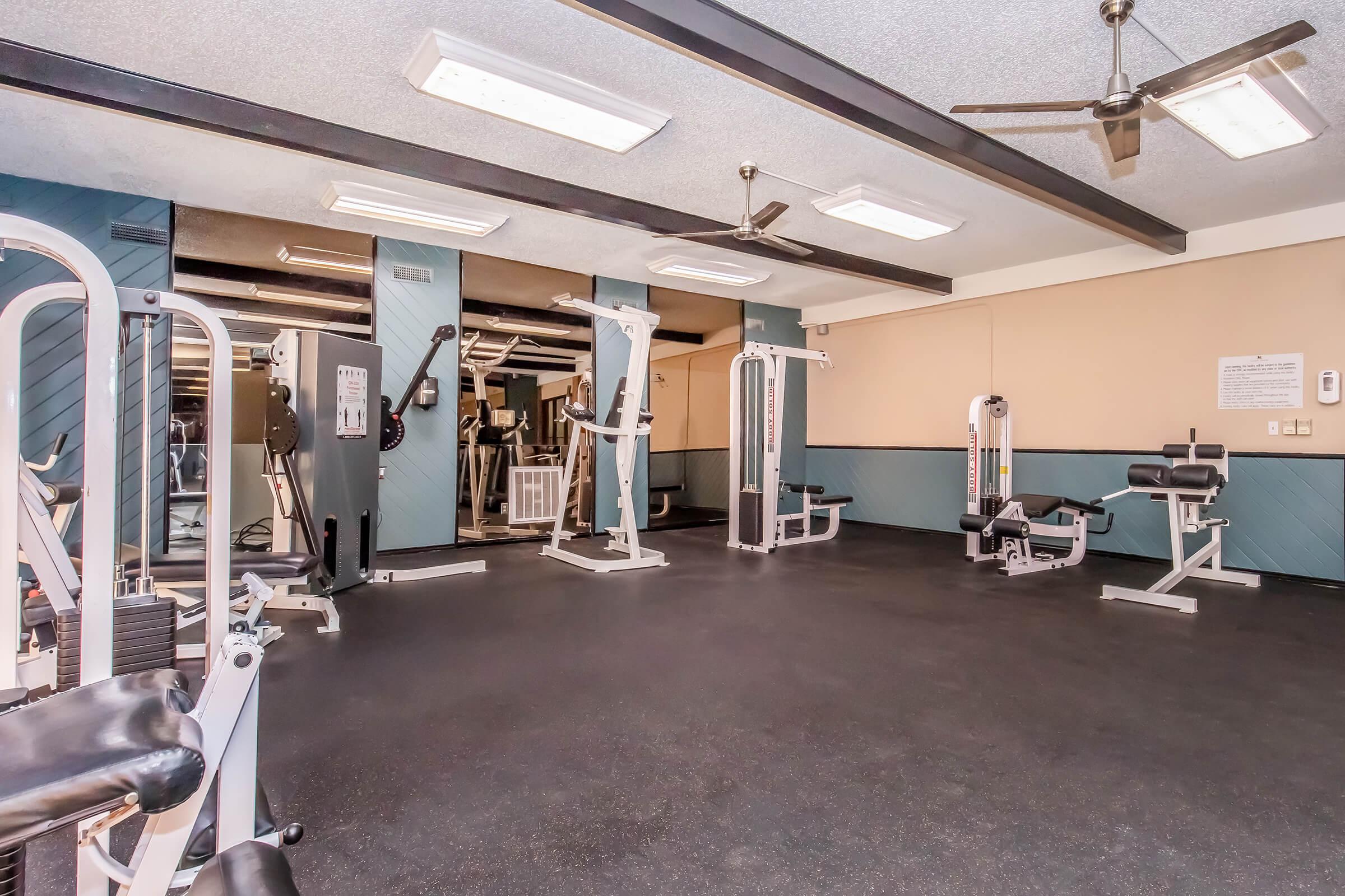 Image of a gym interior featuring various exercise machines, including weightlifting equipment and cardio machines. The space is well-lit with ceiling fans and mirrors on the wall, with a clean and modern design, suitable for fitness activities.