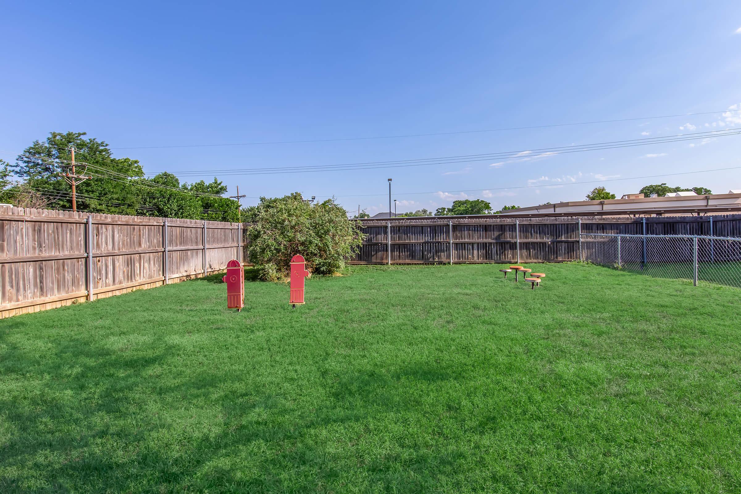 A spacious green yard enclosed by wooden fences, featuring two red dog waste stations and a few benches. The sky is clear, and there are scattered patches of shrubs in the background, with a few distant buildings visible beyond the fence.