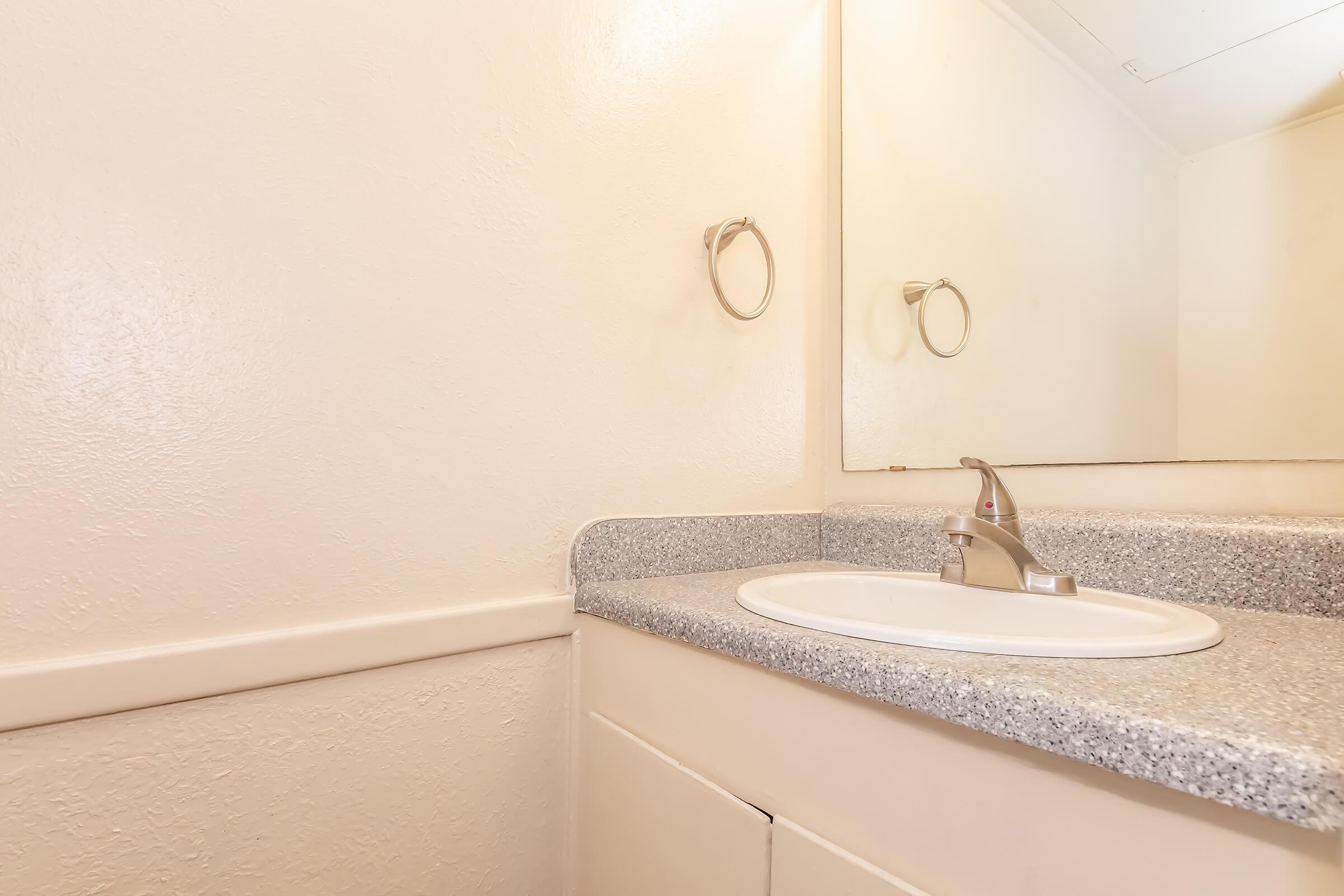 A close-up view of a bathroom sink area featuring a simple countertop with a circular sink, a faucet, and a mirror mounted on the wall. The walls are painted in a light color, and there's a towel ring beside the sink. The overall design is clean and minimalistic.