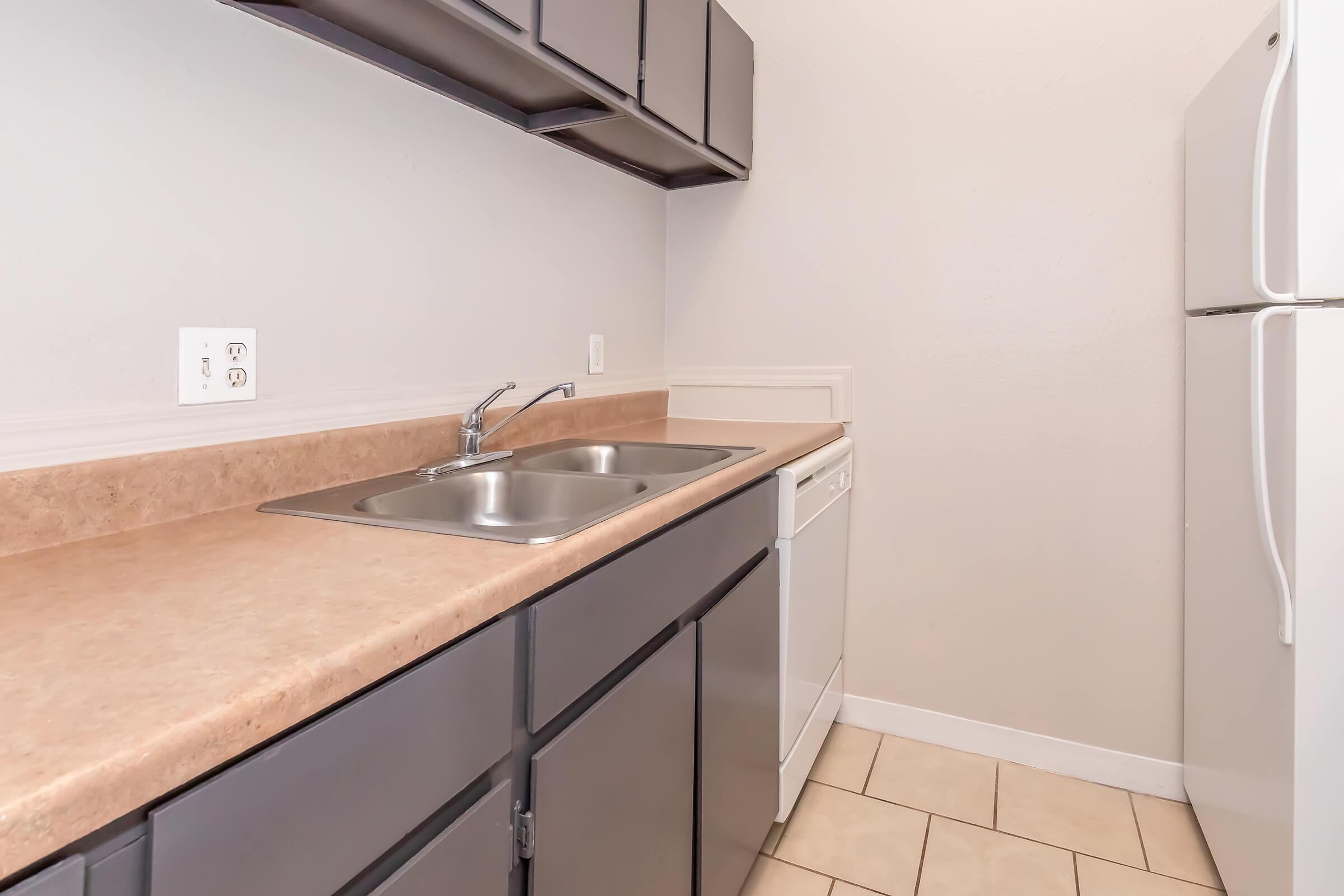 A clean and modern kitchen featuring a double sink, dishwasher, and light-colored countertops. The cabinetry above is dark grey, contrasting with the light walls and tiled floor. The layout is efficient, providing a functional space for cooking and food preparation.