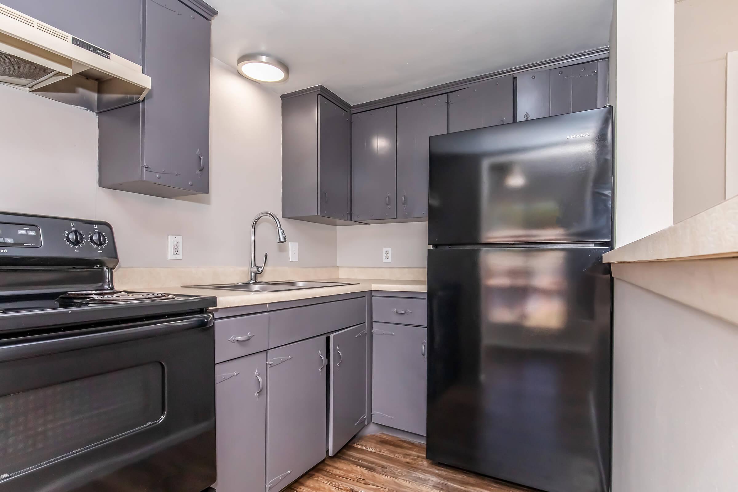 Modern kitchen featuring dark gray cabinets, a black refrigerator, and a black stove. The countertop is light-colored, and there's a stainless steel sink with a single handle faucet. The kitchen has an open layout with a well-lit space, enhancing the cooking area.