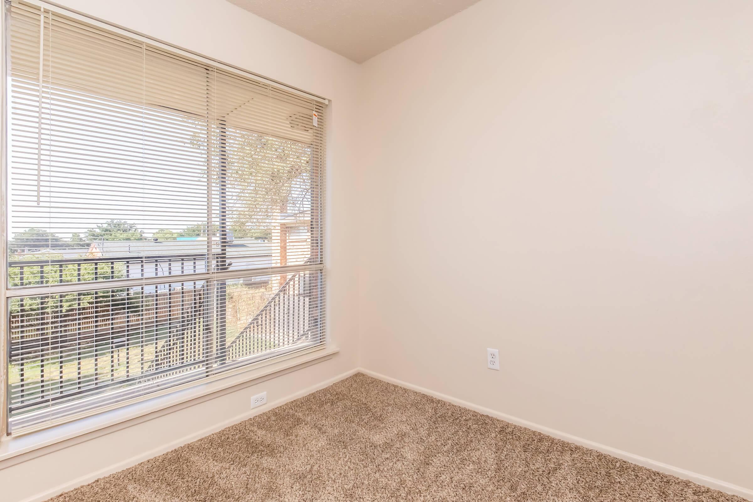 A well-lit corner of a room featuring beige walls and light brown carpet. There is a large window with horizontal blinds, providing a view of greenery outside. The room appears empty and spacious, with no furniture or decorations present.