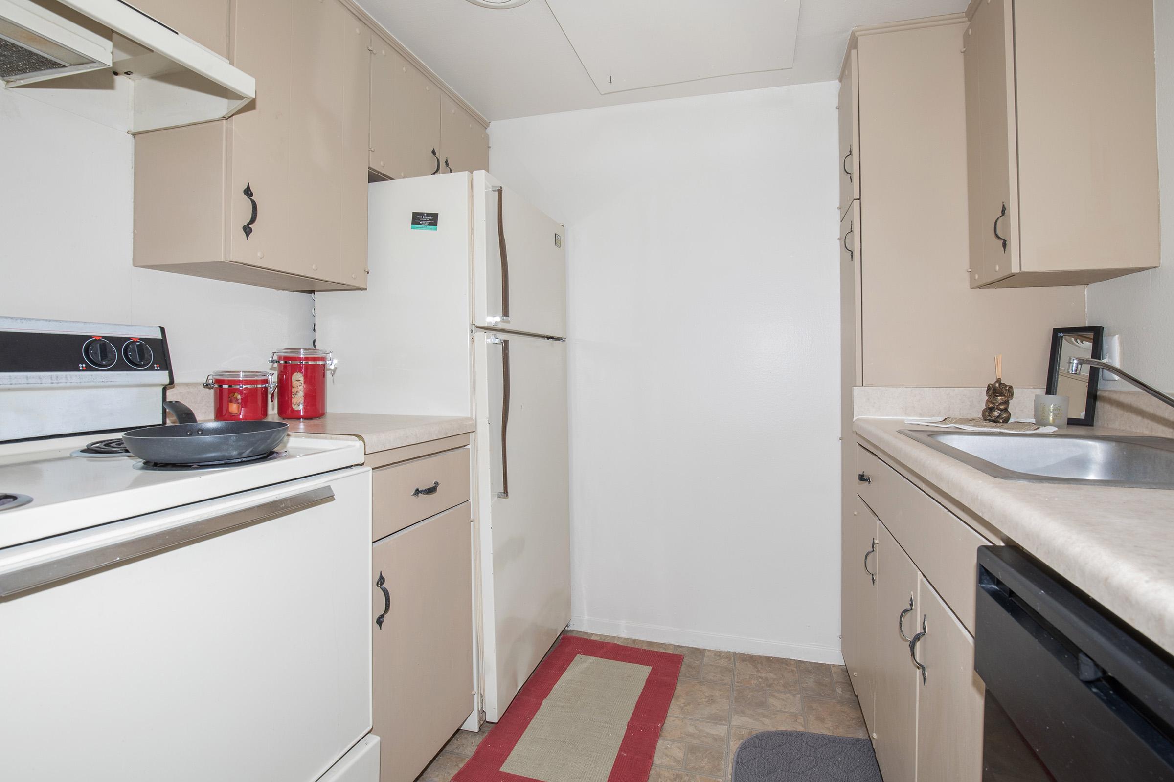 a kitchen with a stove sink and refrigerator