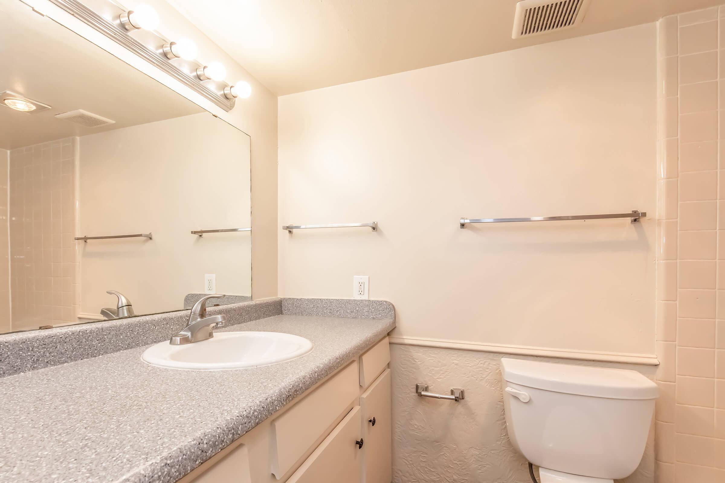 A clean and modern bathroom featuring a granite countertop with a sink, illuminated by multiple light fixtures. A large mirror spans the wall above the sink. There are two metal bars mounted on the wall, a toilet in the corner, and neutral-colored walls and tiles, creating a bright and airy atmosphere.