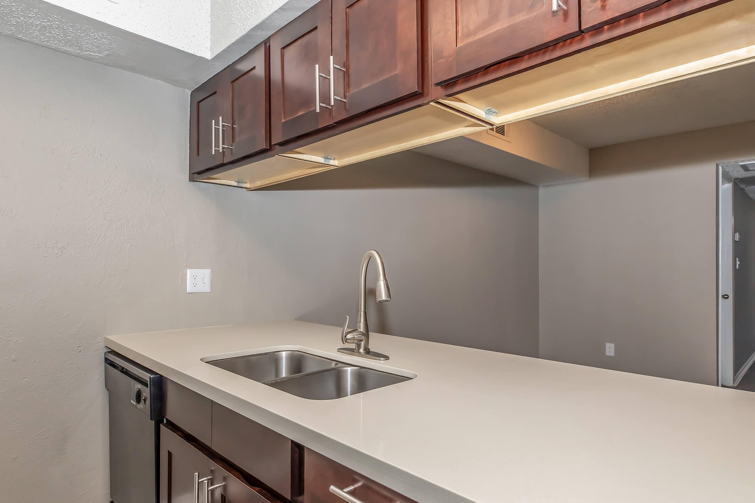 A modern kitchen with dark wooden cabinets and a light countertop. The sink has a sleek faucet, and there is a dishwasher visible under the counter. The walls are painted in a neutral tone, creating a clean and contemporary look. Light is integrated under the cabinets for added illumination.