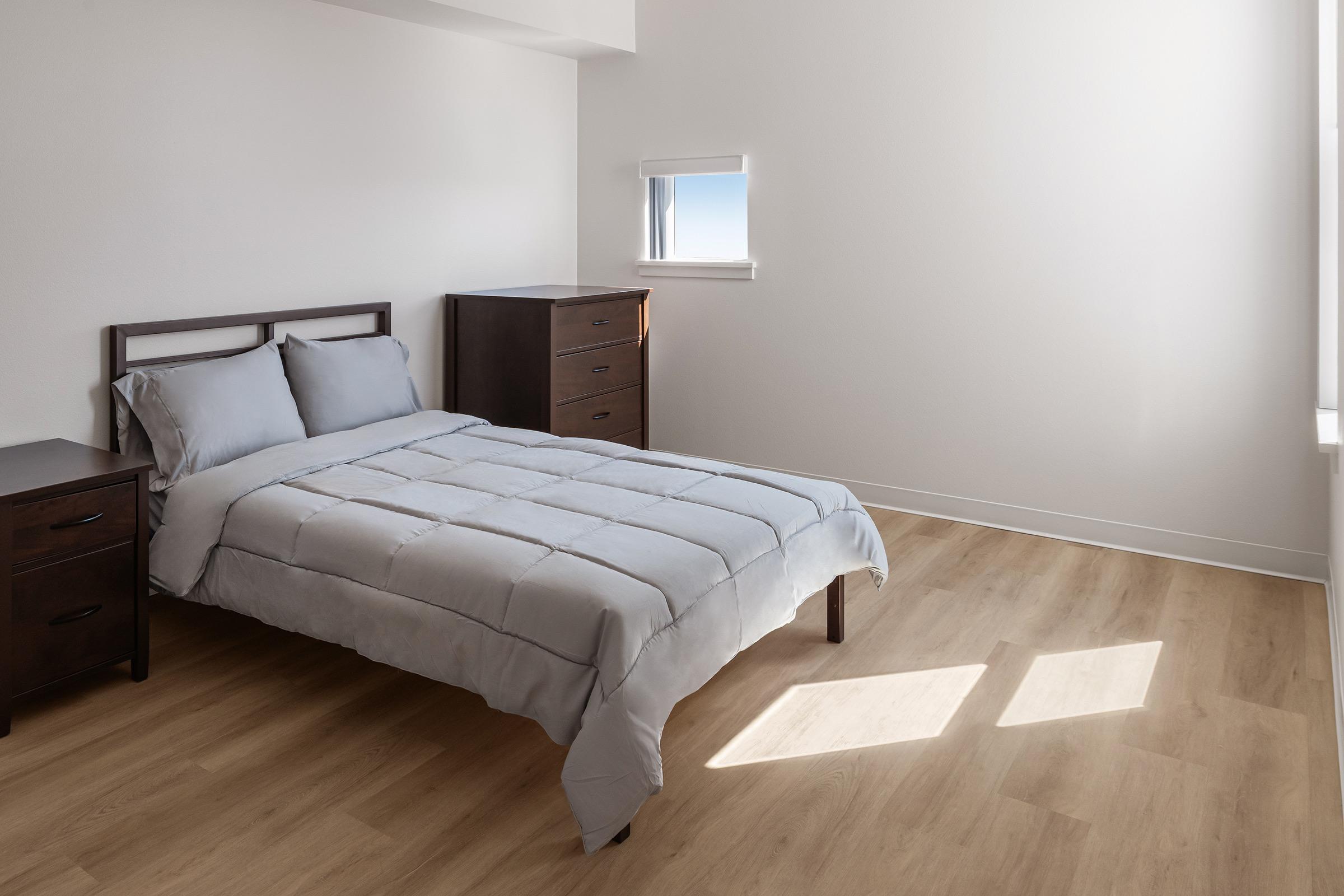 A neatly arranged bedroom featuring a queen-sized bed with a light gray comforter, two dark wooden nightstands on either side, and a dresser against the wall. The room has a large window allowing natural light to enter, highlighting the light wood flooring and minimalistic decor.