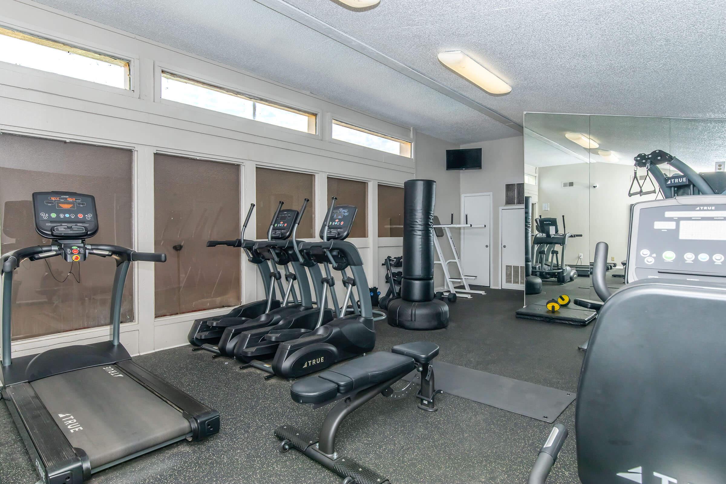 A modern gym featuring various fitness equipment, including treadmills, elliptical machines, and a weight bench. The space is well-lit with large windows, and there's a punching bag and free weights visible in the background, creating an inviting environment for workouts.