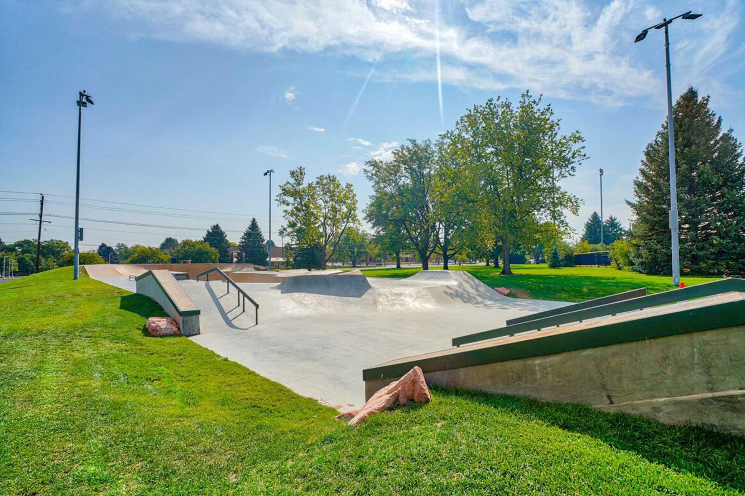 A wide shot of a skate park featuring concrete ramps and a rail, surrounded by lush green grass and trees under a bright blue sky. The scene includes poles for lighting and is set in a sunny park environment.