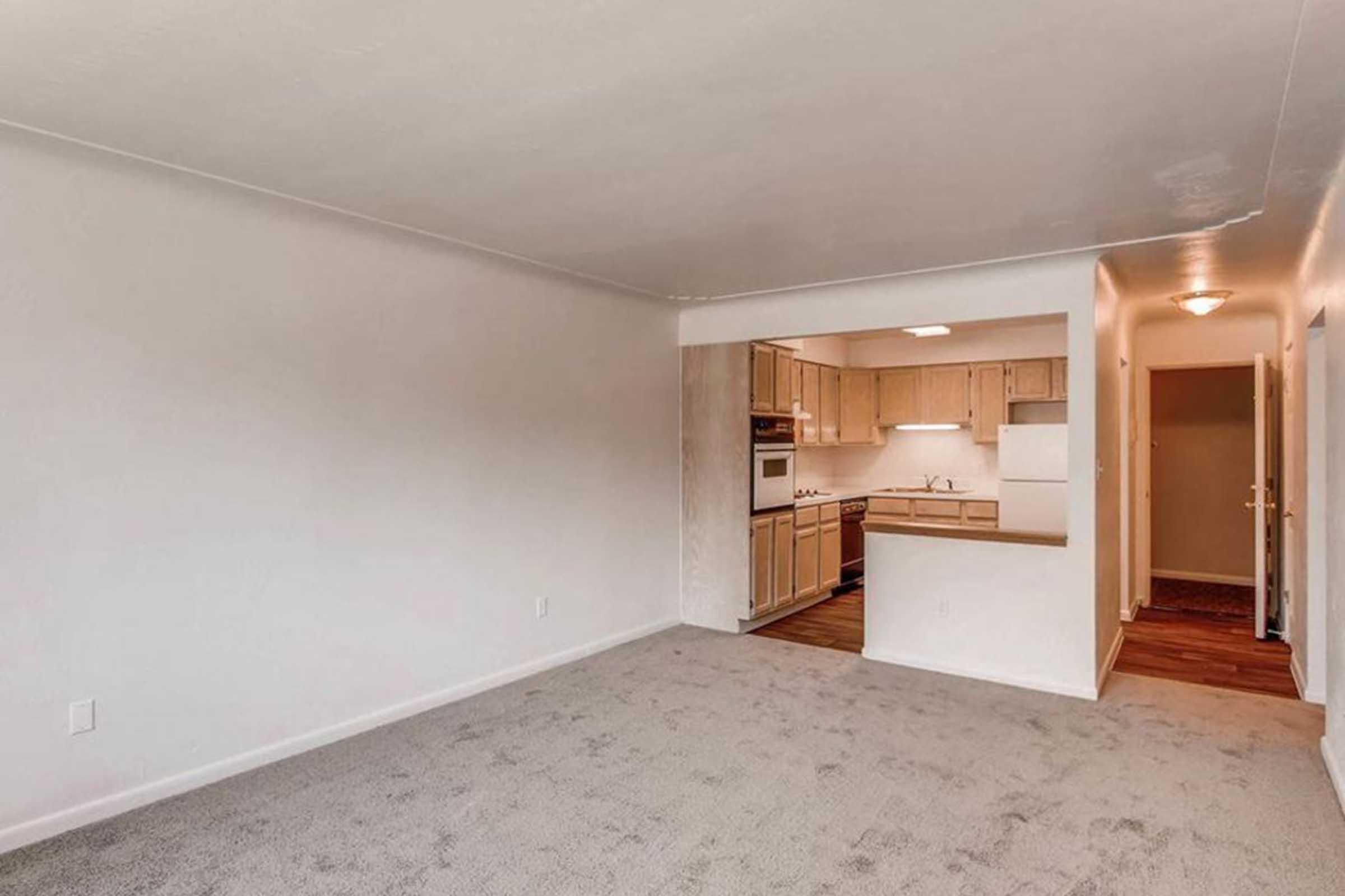 Empty living room with light-colored carpet and a simple white wall. An open kitchen area is visible in the background, featuring light wooden cabinets and appliances. There is a hallway leading to another room, with warm lighting illuminating the space.