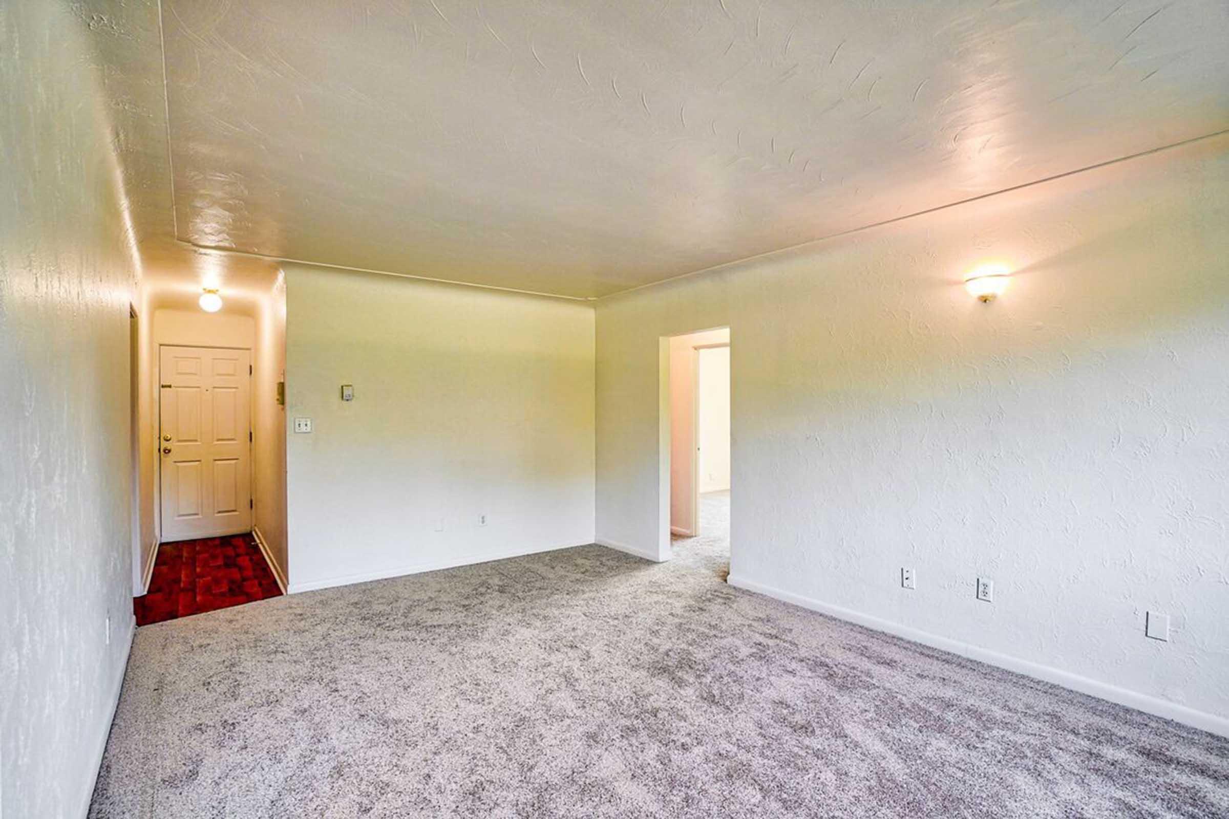A bright, empty living room featuring light-colored walls and gray carpet. The space has a doorway leading to a hallway and another room, with wall sconces for lighting. The overall atmosphere is spacious and clean, ideal for decorating.