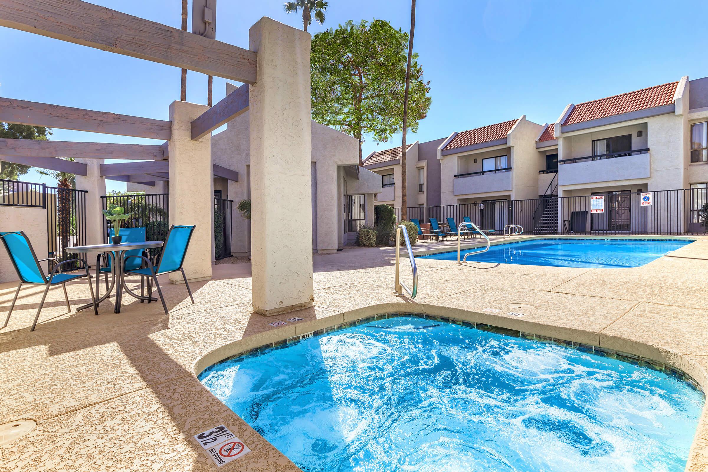 a pool next to a building